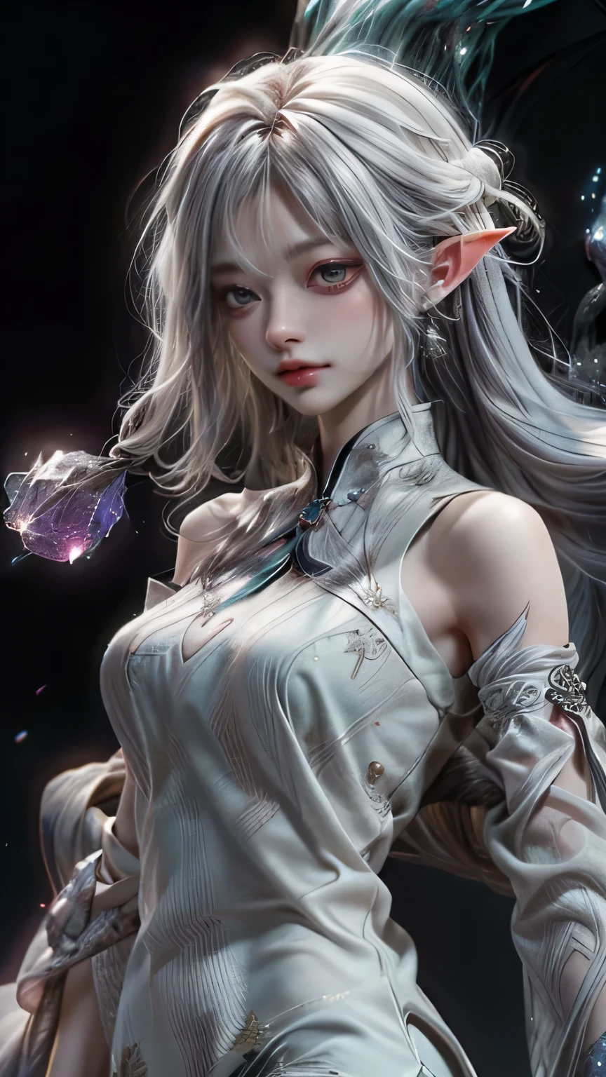 silver hair,wizard&#39;cane,(masterpiece, Highest quality, Highest, official art, beautiful and aesthetic, exposed for a long time: 1.2), smooth movement, attractive pattern, 1 girl, (long dress with sleeves: 1.3), (((white clothes) )), Upper body close-up, bare shoulders, Big eyes, blush, black lob hair, portrait, alone, Upper body, observe the observer, detailed background, detailed face, (crystal AI, crystal theme:1.1), wind elf, Rotating wind, control the wind, White crystal clothes, dynamic pose, suspended particles, ether dynamics, whirlwind, vapor, whirlwind in the background, white tone, whirlwind, great atmosphere,blonde,goblin, silver hair, plump face,emerald green eyes:1.5,random pose、single、round face,wizard with big jewel&#39;cane