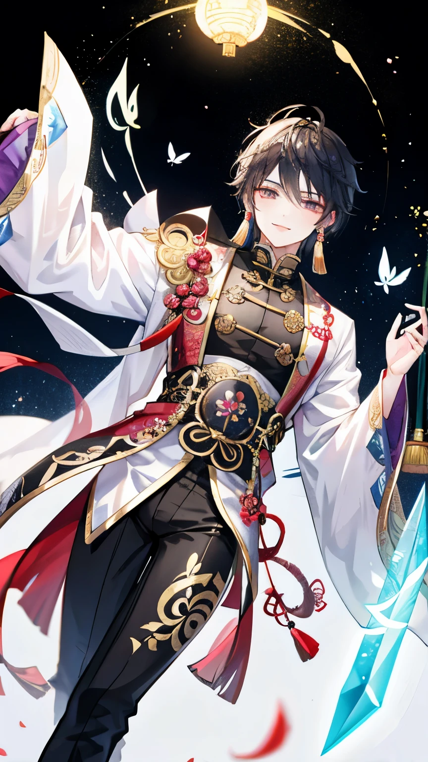 Chinese male,Luxury costume like a Taoist,Chinese style,Fantastic atmosphere like a myth,A butterfly that shines like a crystal,suspicious smile,curved sword