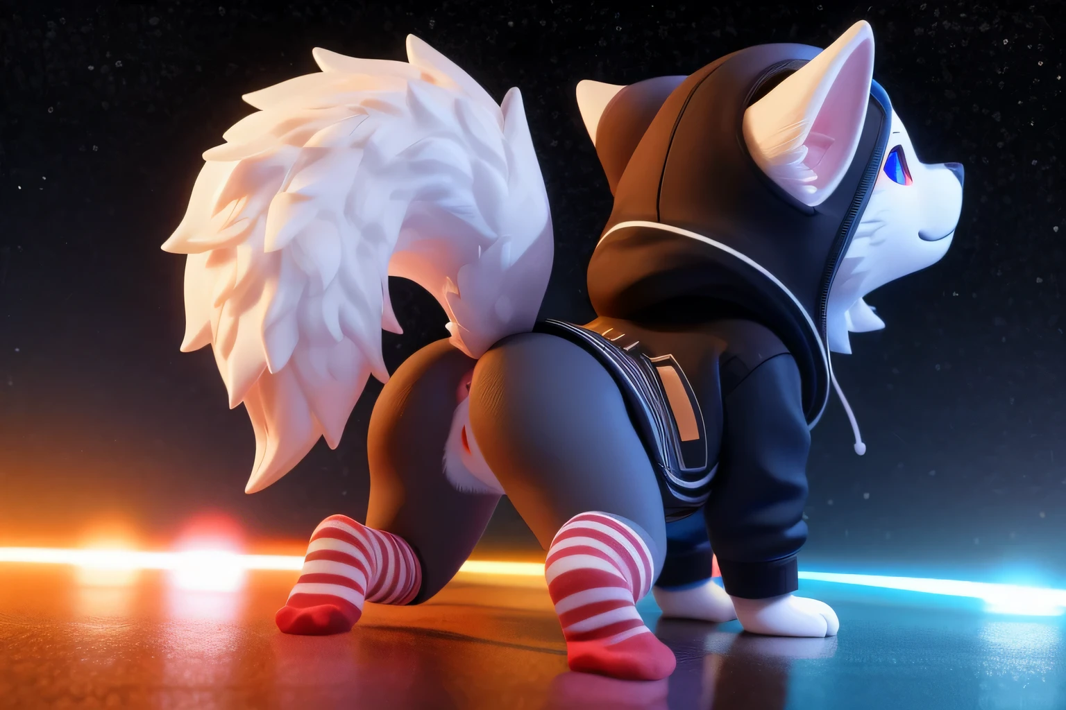 (((wilderness))), ((charming little blue wolf,woman,Miss, young)) have different colored eyes， chibi， charming， logo design， Car already， movie lighting effects， ((3D vector art))， Cute and quirky， fantasy art， Bokeh， Hand Painted， number， soft light， Isometric style， 4K resolution， photorealistic rendering， High level of detail cleaning， vector image， A lifelike masterpiece， Professional photography， simple space background， Flat white background， Isometric，Vibrant vector, , hoodie, bottomless pit, Fine hairs, Anisotropic fur gloss, ((subsurface scattering)), In the park, ((The body is very wide)), ((Animal genitalia)), [[vein]], (on all fours), ((Show rear)), [anus], ((Show rear)) ,[vaginal] big tail, ((Striped knee-length socks))