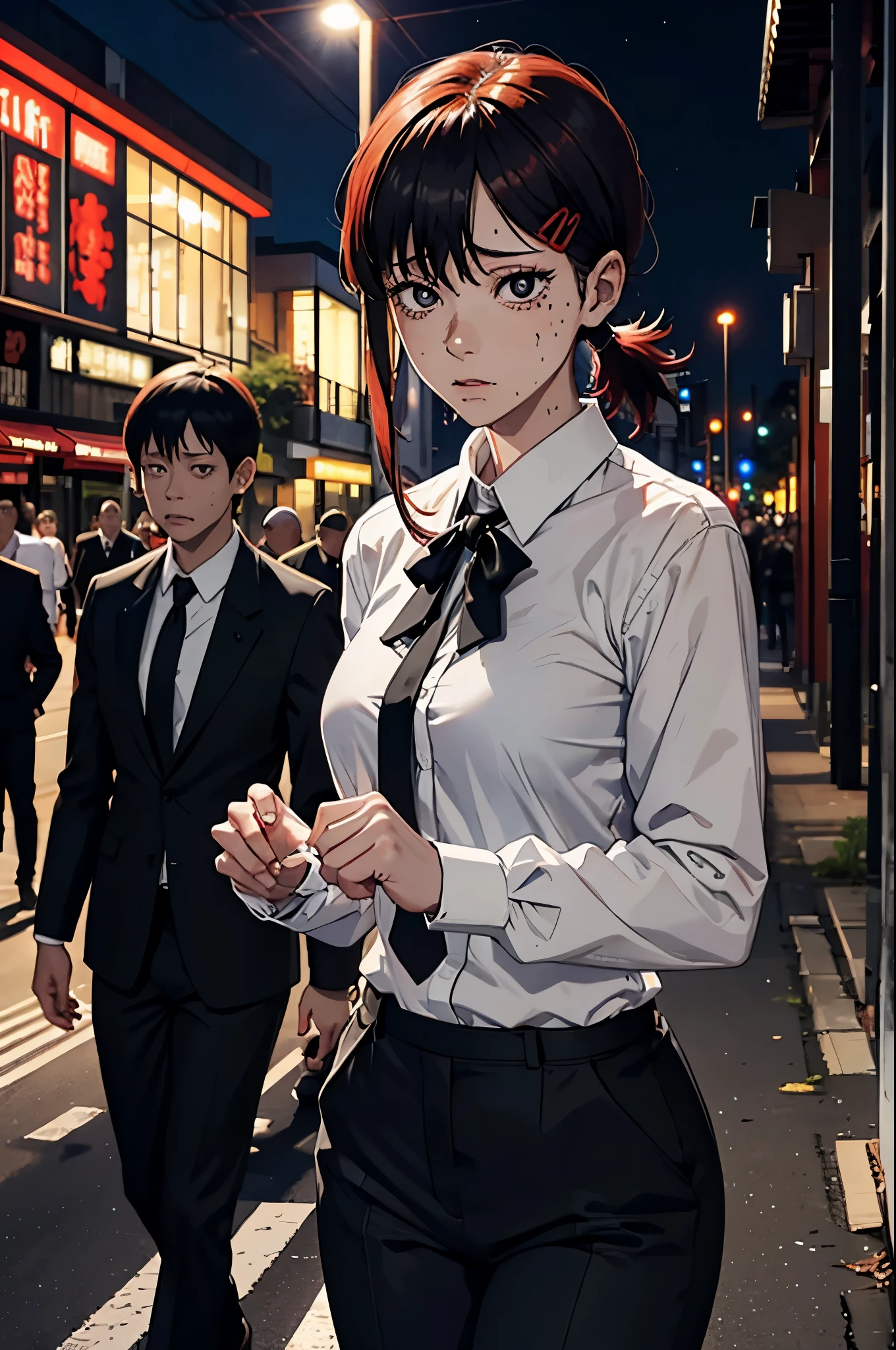 kobeni from chainsawman, black vivid eyes, with her iconic two red hair clips, sweating, wearing white long sleeve, black tie, black dark business pants, black suit, standing, walking, park setting, outdoors, panicking, windows, nighttime, daytime,