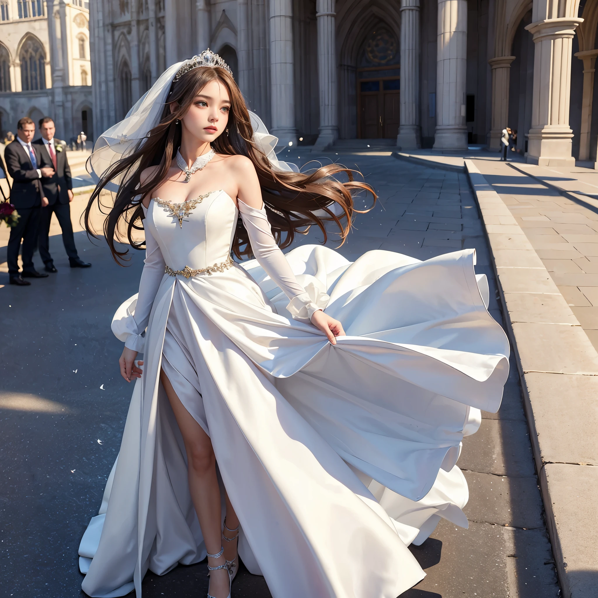 best quality, masterpiece, 1 girl, (yak), cute , shiny lips, sweet, sun glare, Conservative attire, bell-line wedding dress, bridal tiara, depth of field, blurred background, Cathedral Background, light particles, strong wind, head tilt, long hair,