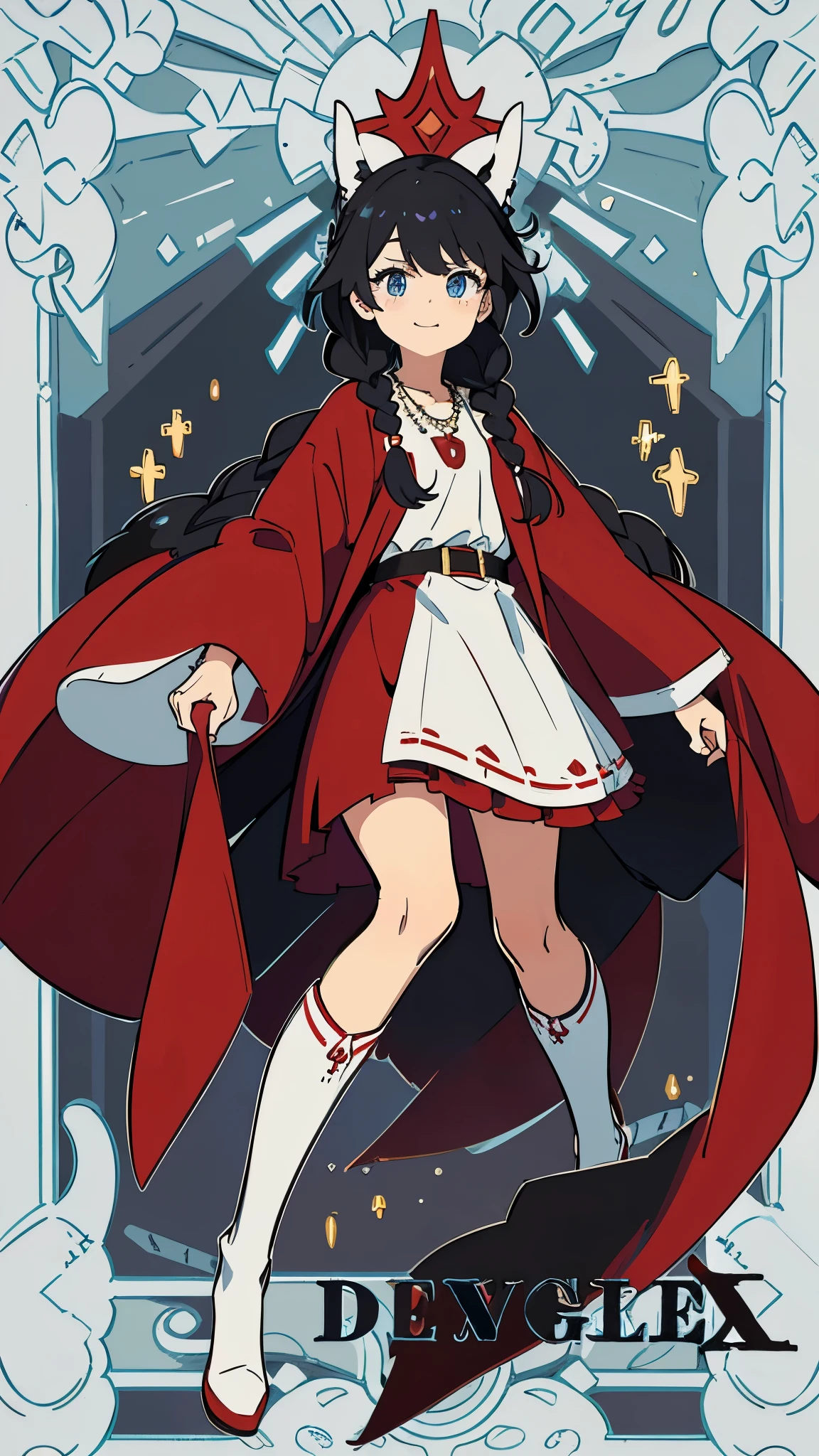 A beautiful girl with a cheerful face with black hair in two cute braids with ribbons, wearing a white shirt with a brownish red robe and a purple necklace, long sleeves the same color as the robe and a skirt the same color as the robe, wearing black knee-length socks, and wears white boots with slightly high heels, has blue eyes like the color of the sea, gives the impression of being in a kingdom with bodyguards