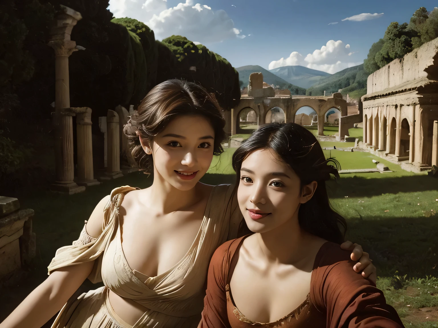 ancient roman sculpture,Ancient Roman ruins,Poussin-style landscape,A smile,,Sweet and seductive appearance.、Caravaggio's paintings、Chiaroscuro of Caravaggio、Hair disheveled in the wind,Two women frolicking,Cute smile, Expression of ecstasy,A sexy