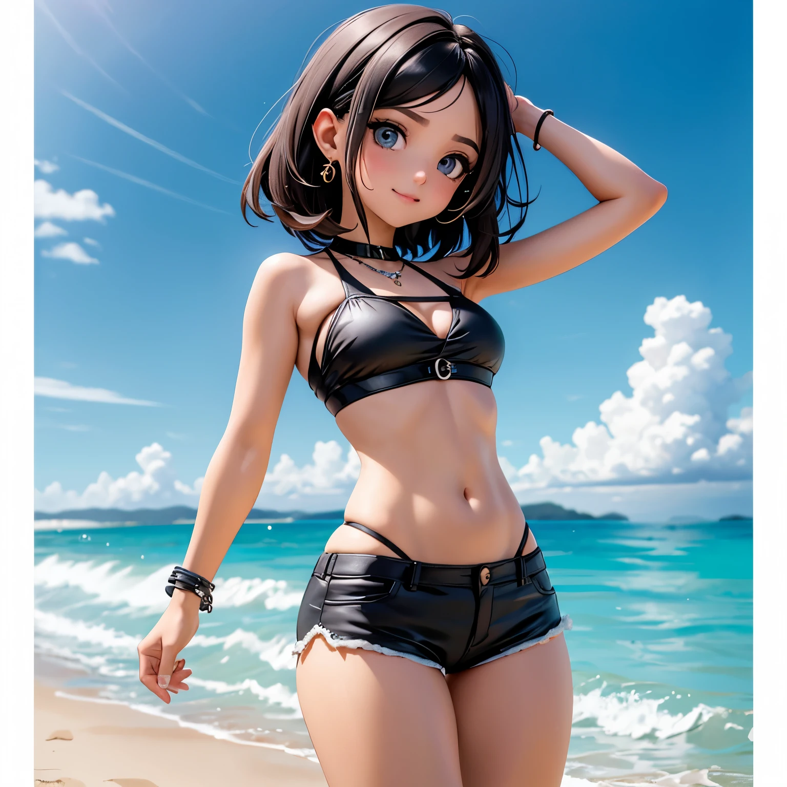 parte mestre, Melhor qualidade, 1st grade, olhos castanhos, pele clara, Cabelo preto, cabelos lisos, cabelo longo, Brincos, jewelry, bunda grande, parte de cima do bikini, shorts curtos, fundo branco, sozinho, parte superior do corpo