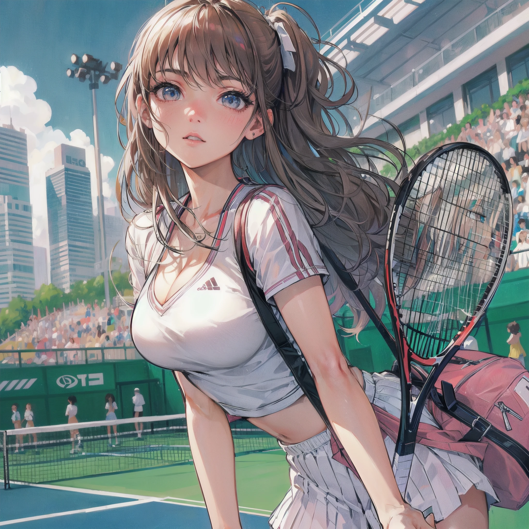 high quality,HD,16k,sharp lines,1 girl,Female tennis athlete ,cute face, large breasts, nice legs,At the tennis venue,focus girl,detailed beautiful face,detailed clothes,beautiful eyes,cool,dynamic angle