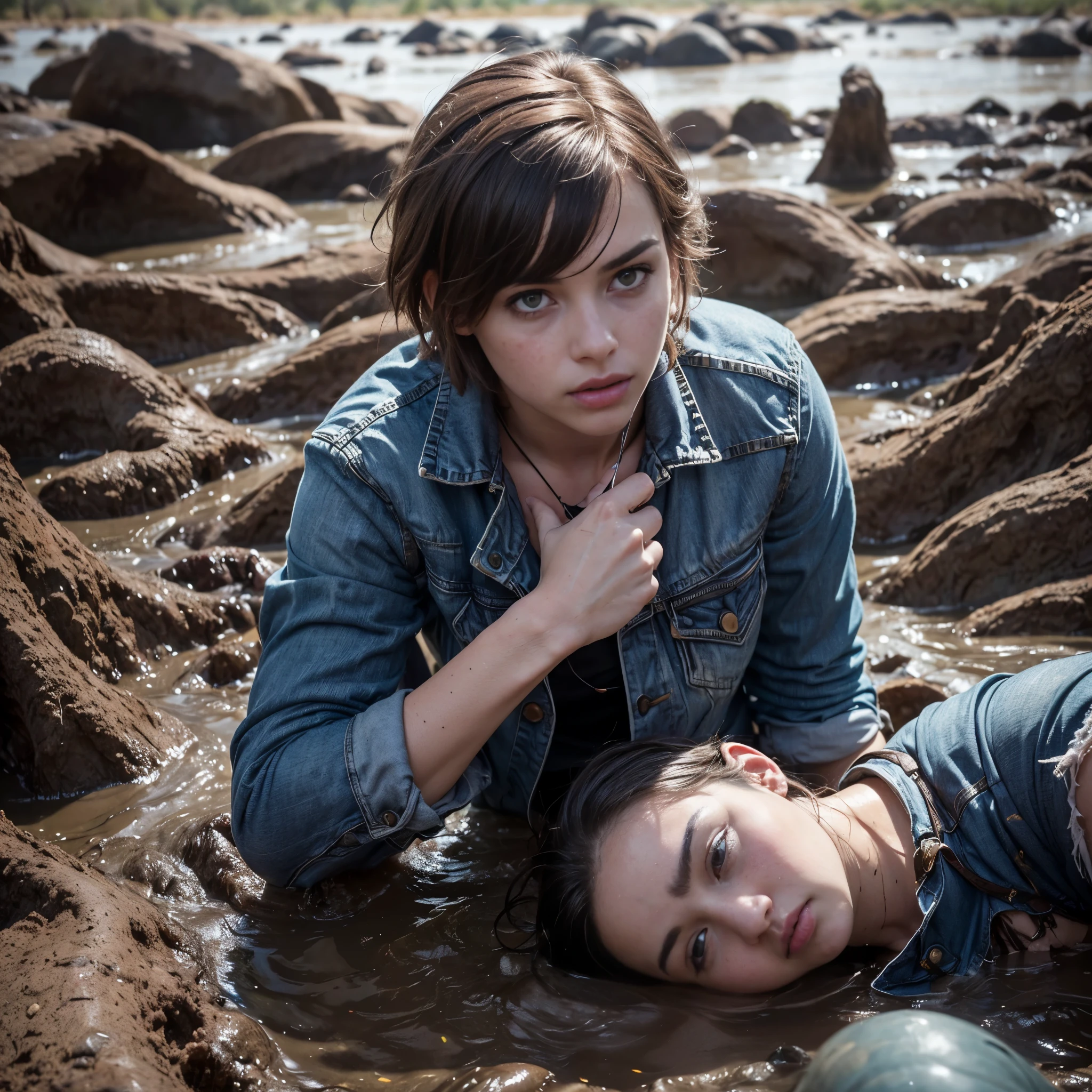 (Best Quality,hight resolution,Masterpiece, Overhead view:1.20),Ultra-detailed,The woman,Wide flares on jeans,sickly,drowning in a swamp,standingn:1.2, fetish, Posing, overcomes shame:1.3, (at the bottom of a mud pit:1.3),gloomy ???????:1.3,gritty texture,melancholic expression on his face,mysterious aura,foggy background,Subtle color palette,provocative pose,Strong emotions,Coming Out of the Depths of Despair,Piercing gaze,intense shadows,Plunged in Darkness,Rugged terrain,ominous vibe,A supernatural sensation,asymmetrical bangs, freckles, pink short hair, Bangs, freckles, gray eyes,