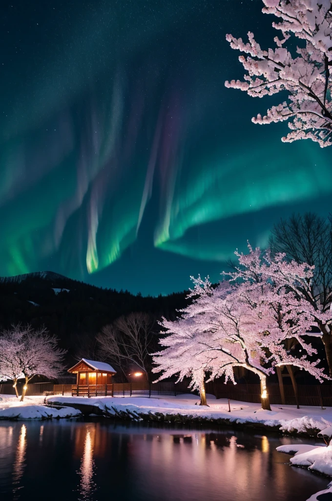 night sky、snow scene、Cherry blossom trees、light up、Fantastic、real、aurora