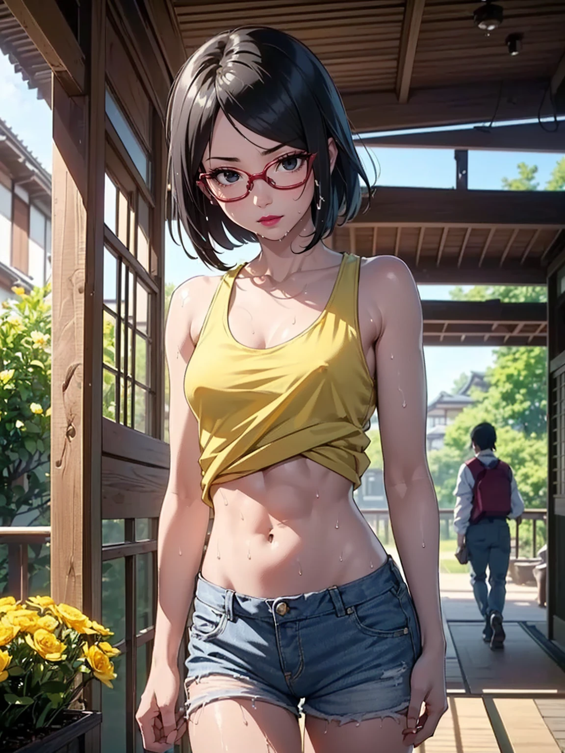 (1girl, solo, alone), (WakatsukiRisa, Sarada Uchiha, black hair, short hair, black eyes, red glasses), ((solo, (1woman, pink lipstick, (small breasts), black eyes), Extremely detailed, ambient soft lighting, 4k, perfect eyes, a perfect face, perfect lighting, a 1girl)), austere, (((fitness, muscular, shapely body, athletic body, toned body, yellow tank top, (yellow mini top, revealing wet tank top, hanging out of braless top, beautiful high detailed dreamgarden, nsfw 8K), women's tank top, wet yellow tank) top, transparent, transparency, mini shorts, jean shorts, navel out, abdomen showing, wet body, wooden house, classic Japanese house, old Japanese house , balcony, garden, flowers, walking in the hallway))