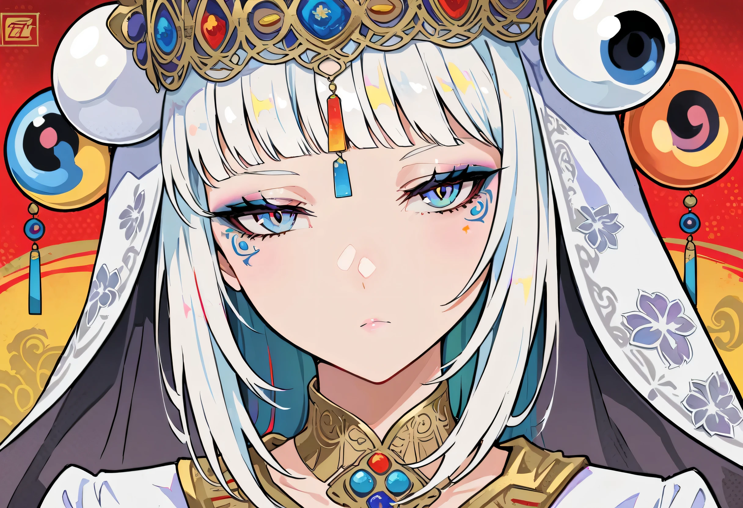 Wearing a veil on the head, gray veil, white hair, off-white, Gouvezi art style, Arrogant and indifferent girl, half-closed eyes, white eyeball, white eyes, ethnic style, off-white