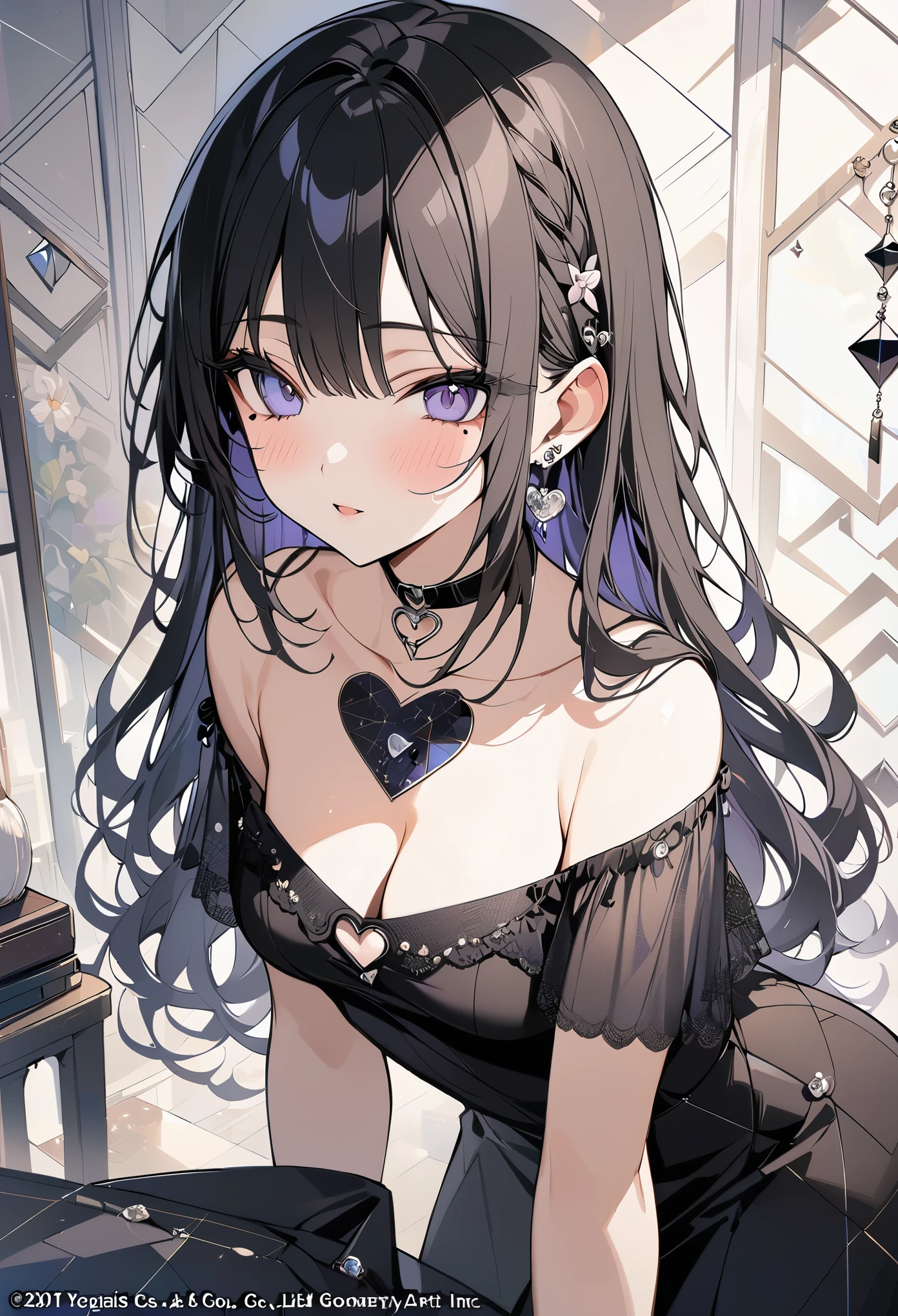 ,beautiful flower々),mole under eye, heart shaped choker, (masterpiece, highest quality), official art, beautiful and aesthetic: 1.2), (1 girl), very detailed, (geometry art: 1.3), colorful