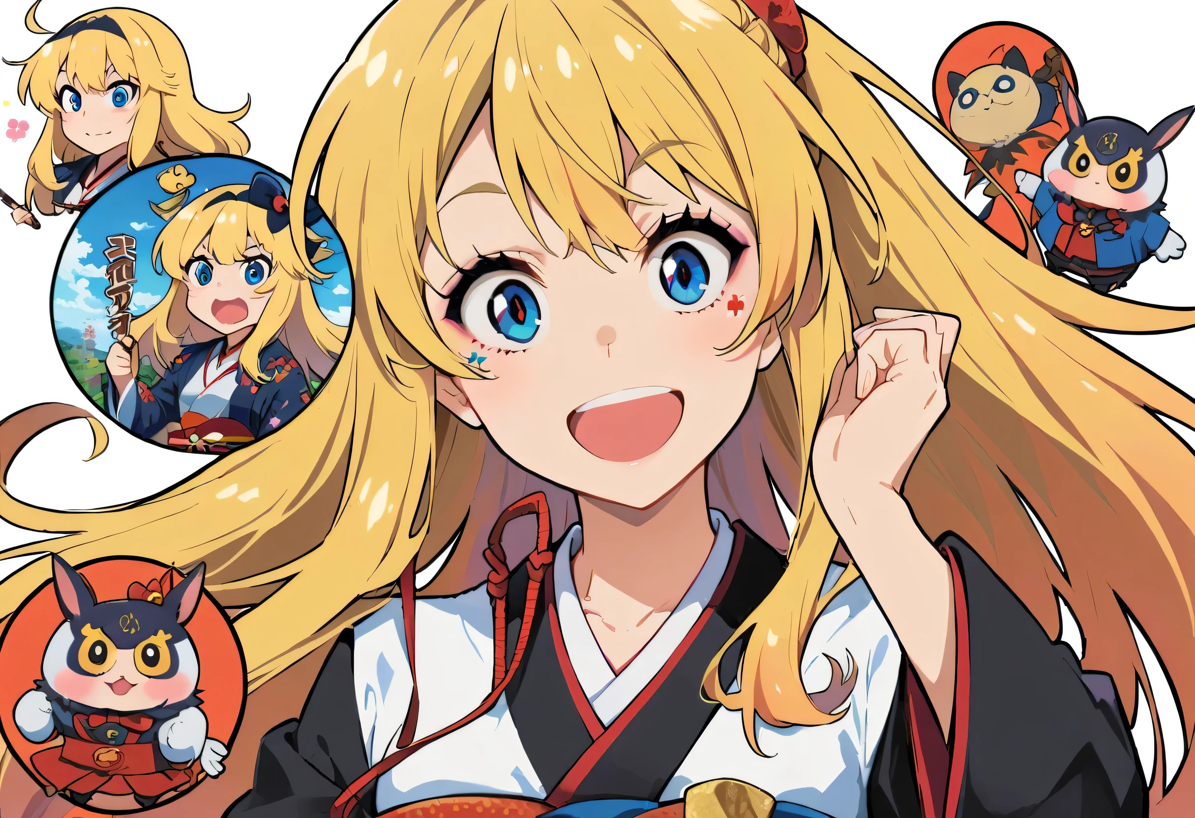 Japanese cartoons, Face, blonde hair, blue eyes, long hair, White background,