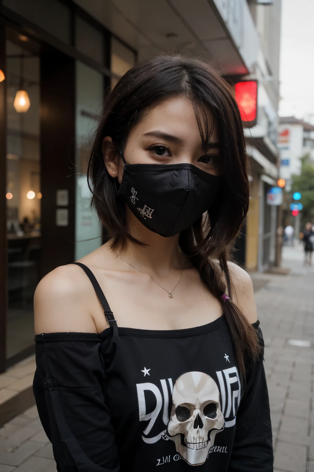 cute japanese young girl, realistic, using a black skull mask over her mouth, short hair, fringe, e-girl, teenager, emo