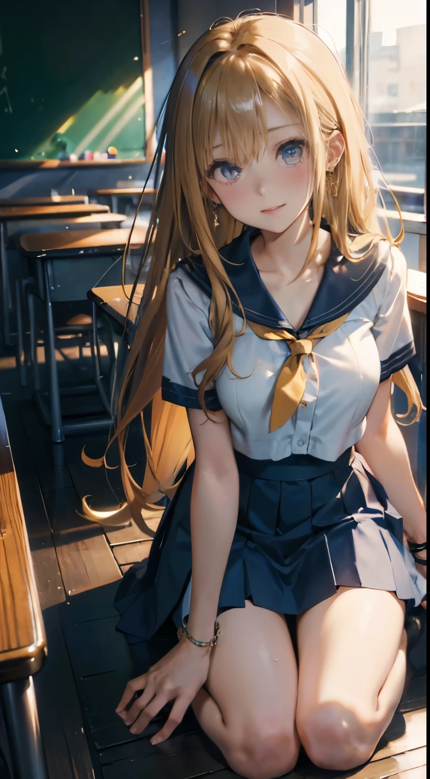 quality、Image Quality、Masterpiece、girl with((18 years old、Short sleeve sailor suit without sports bra、Short blue skirt、best bust、Bust 85、a blonde、Long hairlue eyes、Open your mind、Happineslack wristband on the wrist、A slender one、shy face、earrings、on all fours,Get closer to the audience、action of pulling up hair、Dye your cheeks、The wind is blowing))High quality、visual art、Love movie style、background with((After-school classroom))、on the table、
