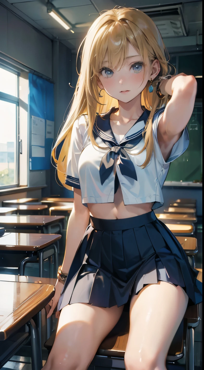 quality、Image Quality、Masterpiece、girl with((18 years old、Short sleeve sailor suit without sports bra、Short blue skirt、best bust、Bust 85、a blonde、Long hairlue eyes、Open your mind、Happineslack wristband on the wrist、A slender one、shy face、earrings、on all fours,Get closer to the audience、action of pulling up hair、Dye your cheeks、The wind is blowing))High quality、visual art、Love movie style、background with((After-school classroom))、on the table、