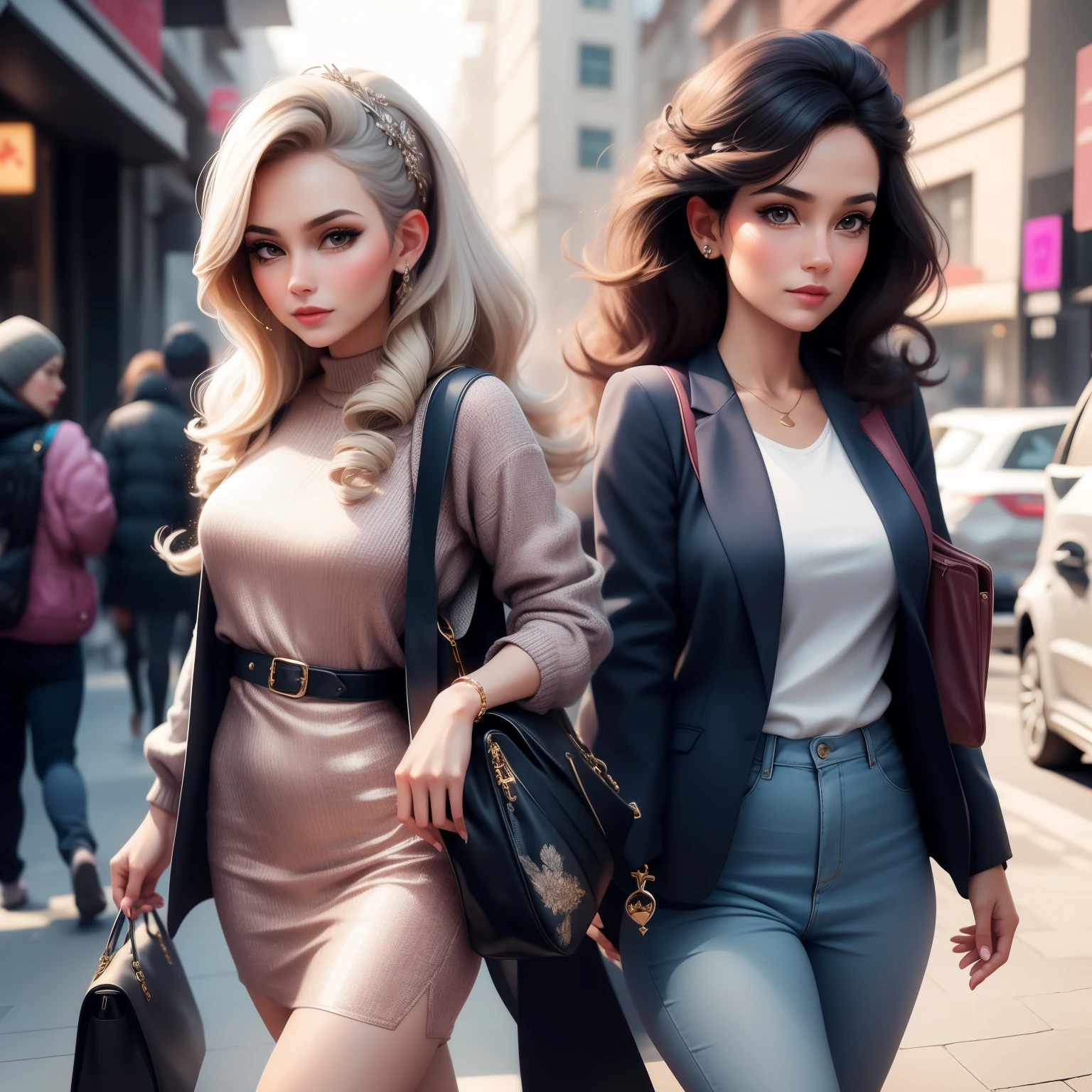 Create a 3D image of a fashionable and chic woman named Nicha. She is elegantly dressed and carries a stylish bag that complements her outfit. The bag is adorned with intricate designs and shimmers in the light, giving it an alluring appeal. Nicha's long, wavy hair cascades down her back, framing her beautiful face. As she walks, she leaves a trail of sparkles in her wake, adding a touch of magic to her presence. The bag, a prized possession, holds her essentials securely and is a true reflection of her unique style and personality.
