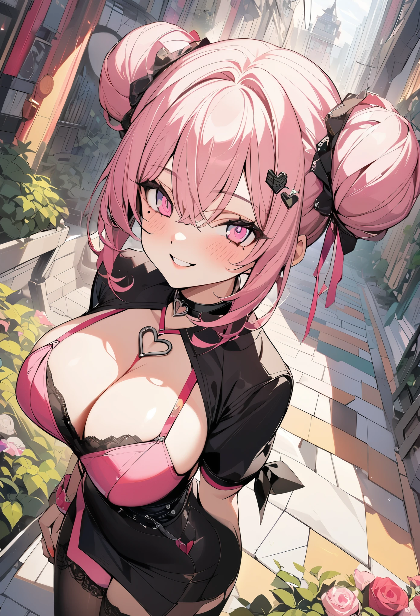 1 girl, pink long bun hair, heart shaped eyes, ♡, big breasts, Stewardess clothes, {girl with pink long bun hair named Nami}, (Pink eye color), {downtown}, (smile), bright background , mole under eye, heart shaped choker, (masterpiece, highest quality), very detailed, highest quality, official art, beautiful and aesthetic: 1.2), (1 girl), very detailed, (geometry art: 1.3), colorful, most detailed ?d1 girl, pink long bun hair, Eye of the symbol, +__+, big breasts, gothic costume, {A girl with long pink bun hair named Nami}, (Pink eye color), {downtown}, (smile), bright background, (garden,beautiful flower々),mole under eye, heart shaped choker, (masterpiece, highest quality), official art, beautiful and aesthetic: 1.2), (1 girl), very detailed, (geometry art: 1.3), colorful