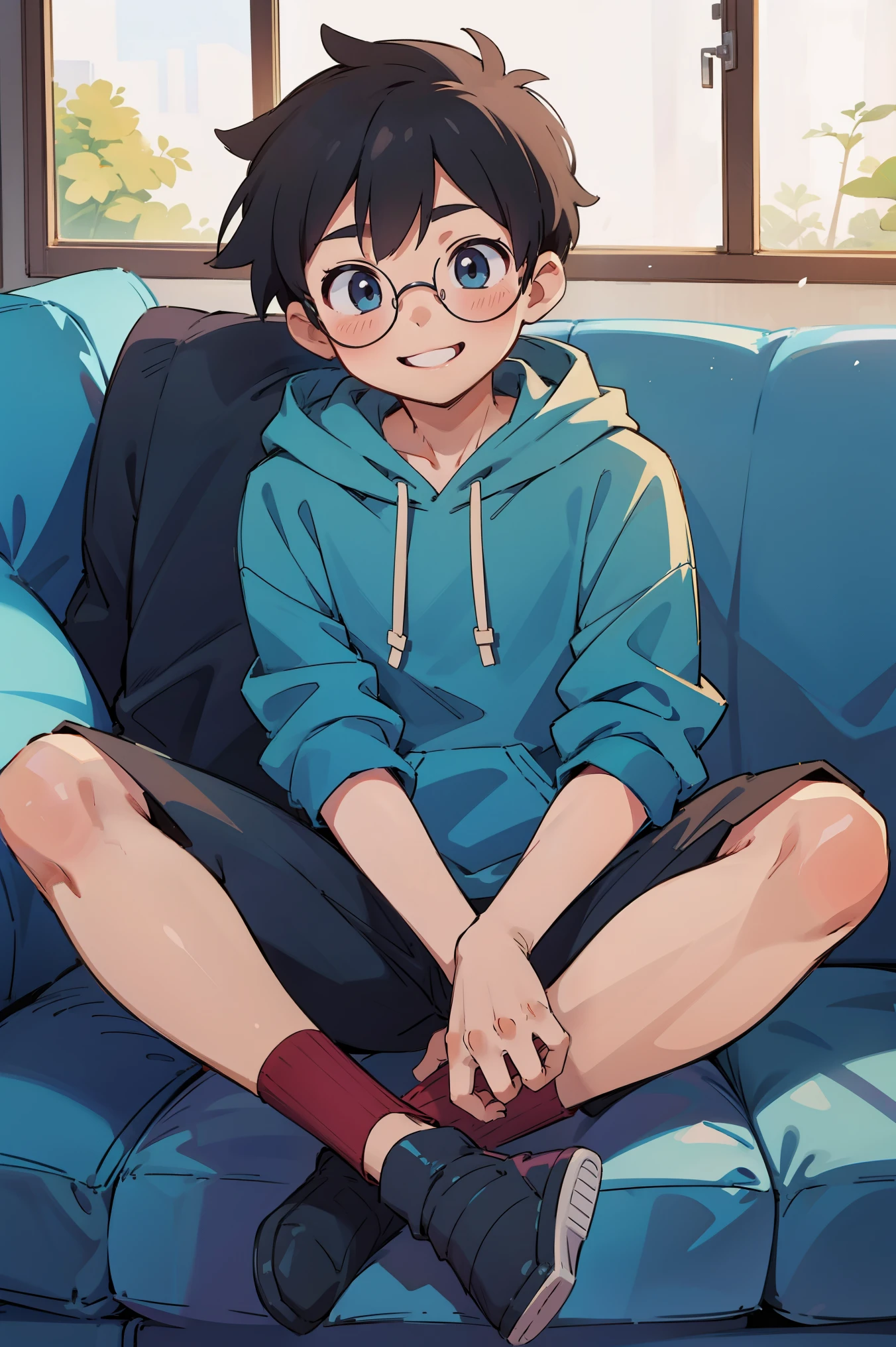 Handsome Anime boy, black curly hair, glasses, smiling, blue hoodie, sitting on a couch, (1boy), high quality, Anime style