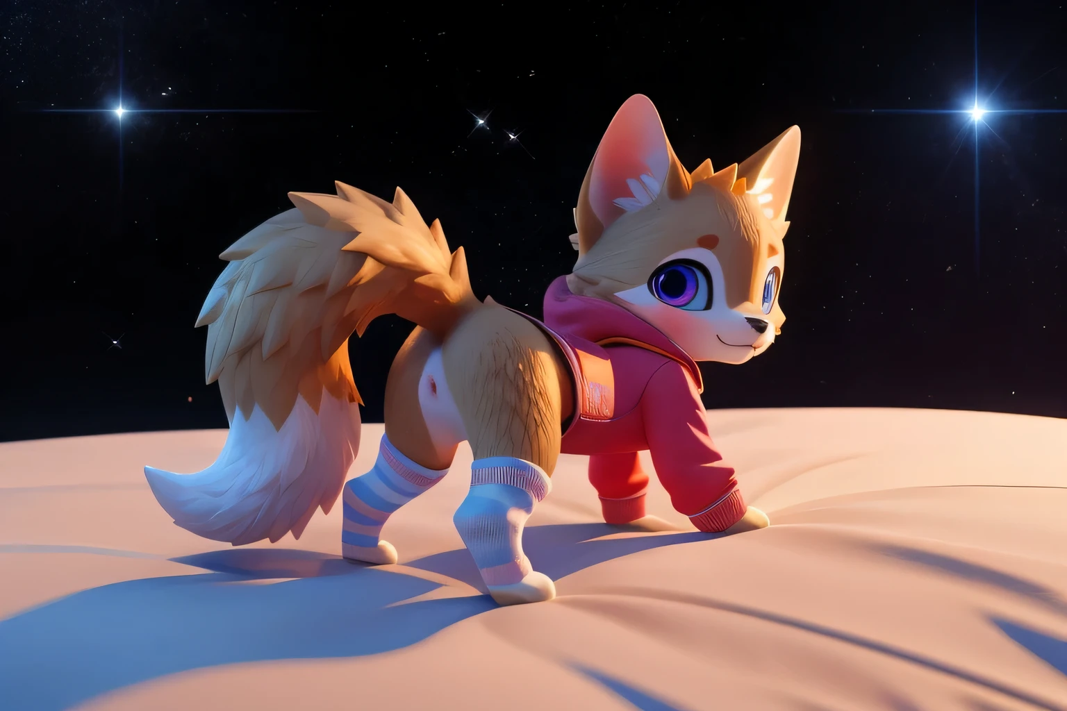 (((wilderness))), ((charming little blue fox,woman,Miss, young)) have different colored eyes， chibi， charming，Shy, blush, logo design， Car already， movie lighting effects， ((3D vector art))， Cute and quirky， fantasy art， Bokeh， Hand Painted， number， soft light， Isometric style， 4K resolution， photorealistic rendering， High level of detail cleaning， vector image， A lifelike masterpiece， Professional photography， simple space background， Flat white background， Isometric，Vibrant vector, , hoodie, bottomless pit, Fine hairs, Anisotropic fur gloss, ((subsurface scattering)), on the bed, ((The body is very wide)), ((Animal genitalia)), [[vein]], (on all fours), ((Show rear)), [anus],((Show rear)),[vaginal],big tail, ((Striped knee-length socks))