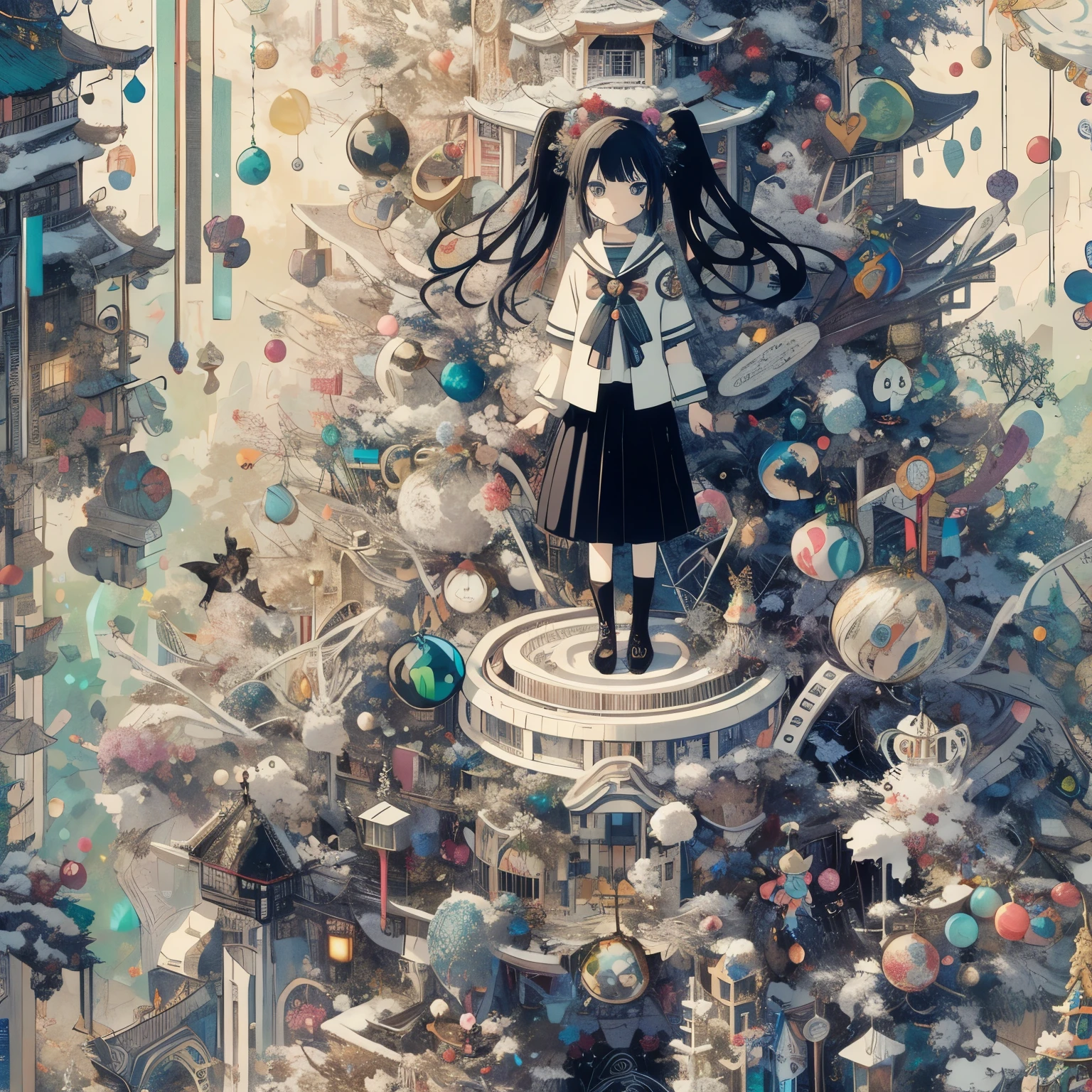 Anime girl standing on a tower surrounded by Christmas decorations, anime fantasy artwork, anime fantasy illustration, dreamy psychedelic anime, pop japonism 3d super detailed, detailed anime artwork, Beautiful artwork illustration, 4K high-definition digital art, beautiful anime artwork, anime art wallpaper 4k, anime art wallpaper 4k, High-definition official artwork, detailed anime art