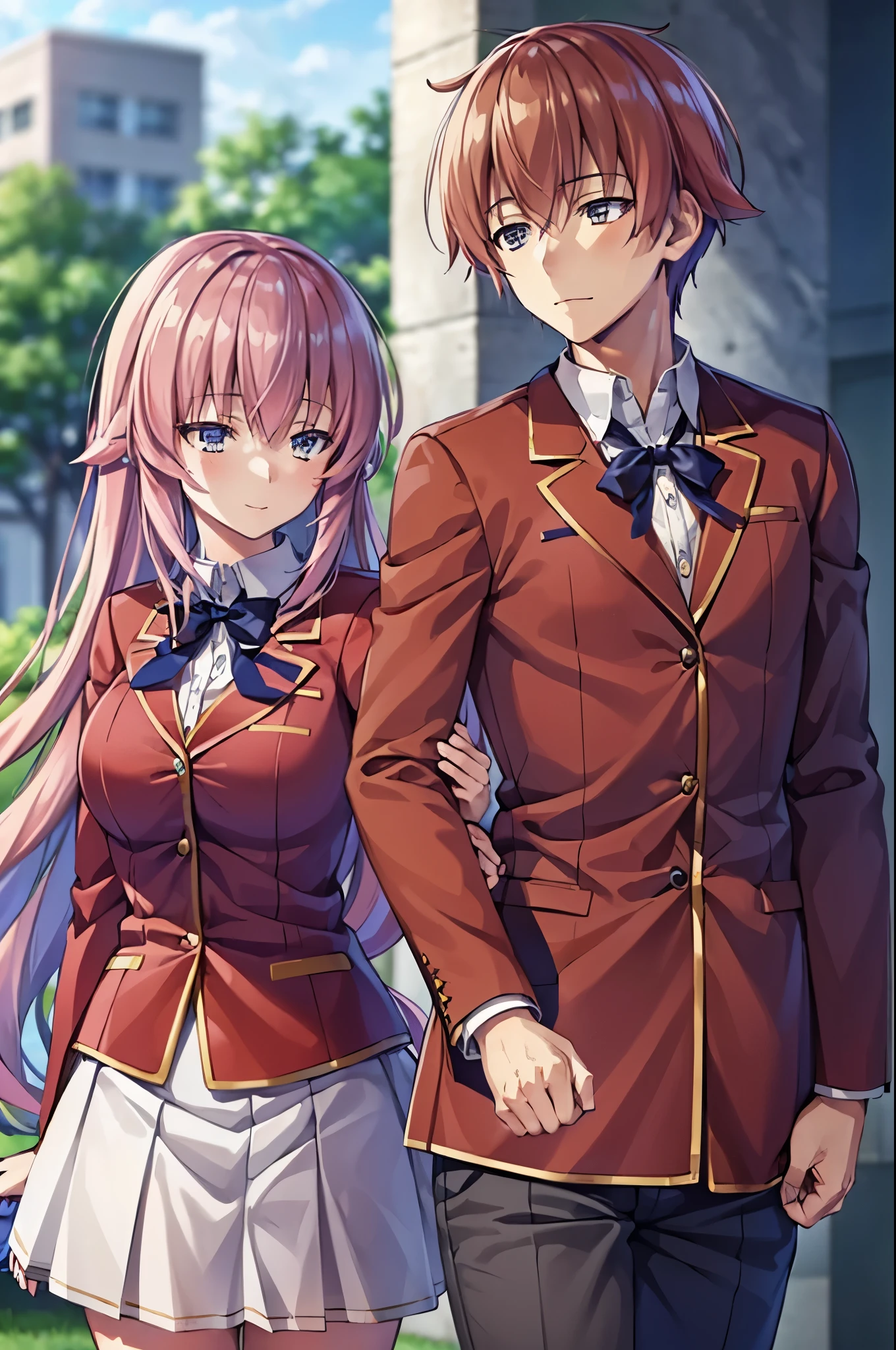 (a beautiful, detailed girl with long hair in a white skirt, standing tall and confident, her eyes sparkling with intelligence. She is Ichinose Honami, a well-known student at the prestigious Academy. Beside her, there is a boy named Kiyotaka Ayanokoji, grabbing her hair in a playful manner. They are engaged in a friendly, teasing gesture, with smiles on their faces. The atmosphere is filled with youthful energy and a sense of camaraderie. The background is a colorful and vibrant school campus, bustling with students going about their daily activities. The sun shines brightly, casting a warm and cheerful glow on the scene. . The lighting is just right, highlighting the contours of their faces and creating a subtle play of light and shadow. The colors are vivid and vibrant, with a touch of warmth to enhance the mood of the scene. The quality of the image is of the highest standard, with ultra-detailed rendering and sharp focus. It is a masterpiece in its own right, a true work of art that captures the essence of youth and friendship.)