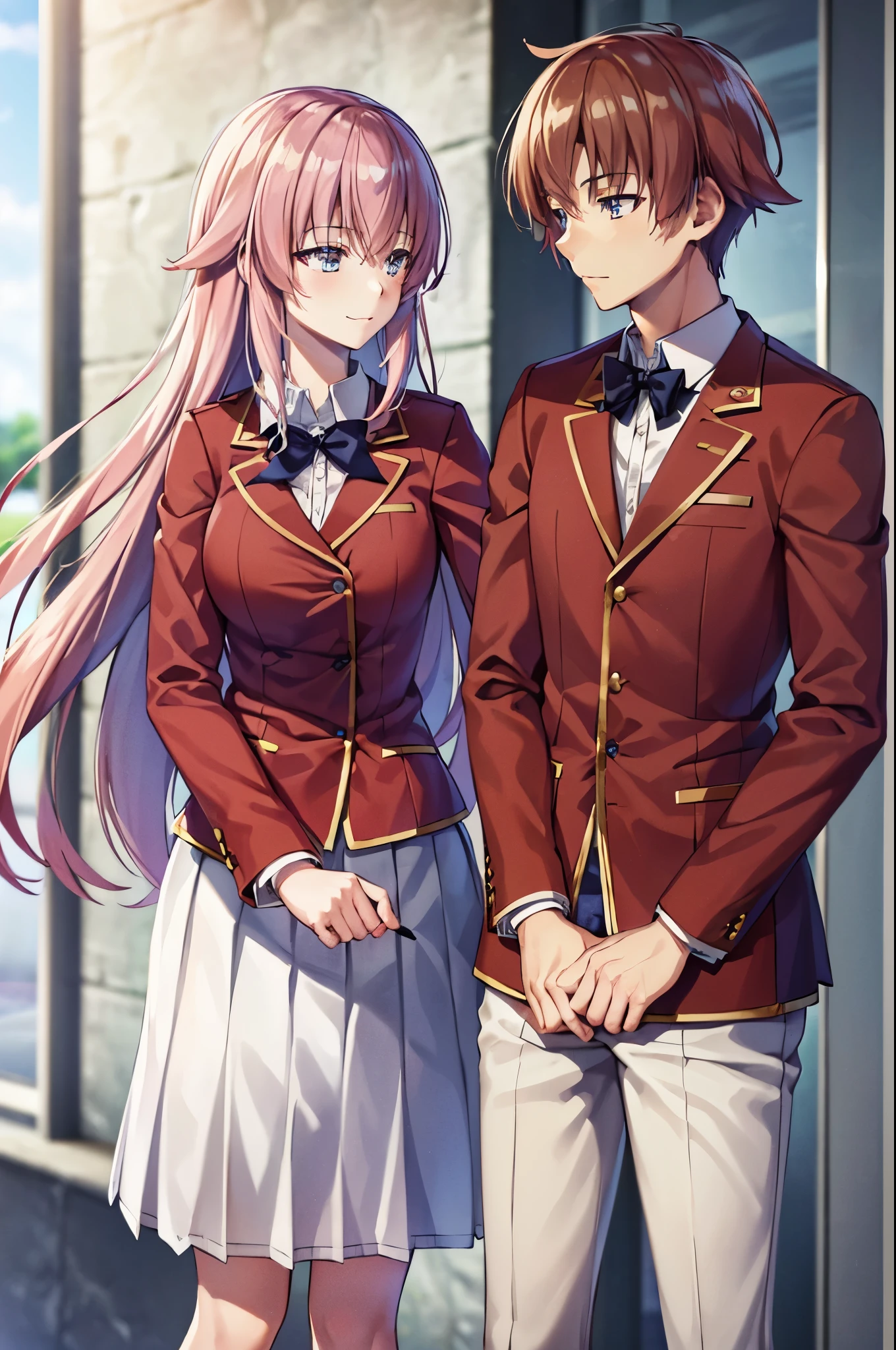 (a beautiful, detailed girl with long hair in a white skirt, standing tall and confident, her eyes sparkling with intelligence. She is Ichinose Honami, a well-known student at the prestigious Academy. Beside her, there is a boy named Kiyotaka Ayanokoji, grabbing her hair in a playful manner. They are engaged in a friendly, teasing gesture, with smiles on their faces. The atmosphere is filled with youthful energy and a sense of camaraderie. The background is a colorful and vibrant school campus, bustling with students going about their daily activities. The sun shines brightly, casting a warm and cheerful glow on the scene. . The lighting is just right, highlighting the contours of their faces and creating a subtle play of light and shadow. The colors are vivid and vibrant, with a touch of warmth to enhance the mood of the scene. The quality of the image is of the highest standard, with ultra-detailed rendering and sharp focus. It is a masterpiece in its own right, a true work of art that captures the essence of youth and friendship.)