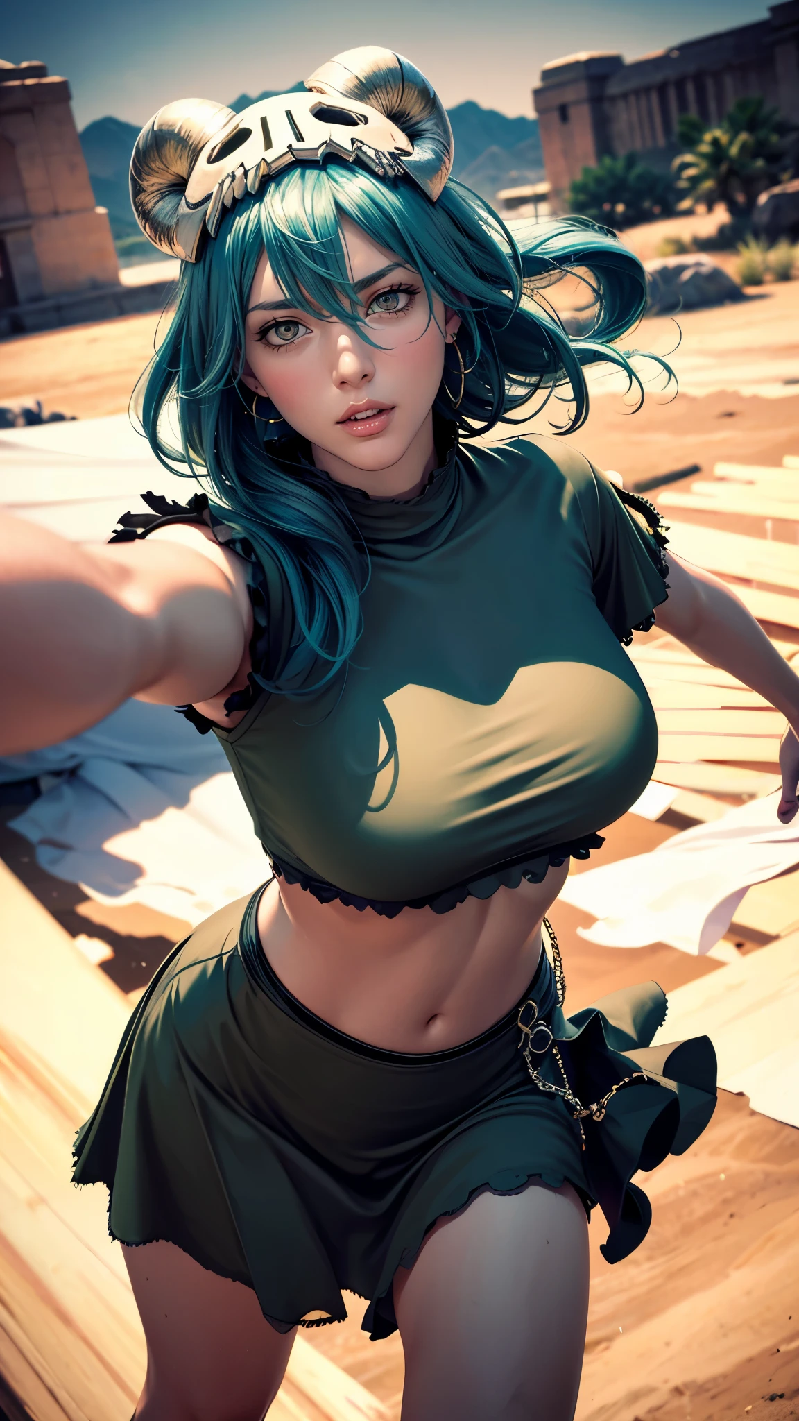 （（（完美figure，figure，odelschwanck，green clothes，（（（nel, long hair, facial mark, hair between eyes,  skull,skirt，yellow eyes，underboob,）））型figure:1.7））），((masterpiece)),high resolution, ((Best quality at best))，masterpiece，quality，Best quality，（（（ Exquisite facial features，looking at the audience,There is light in the eyes，Happy，***********nterlacing of light and shadow，huge boobs））），（（（looking into camera，desert background，Exaggerated perspective , ultra wide shot,blurry hand foreground）））