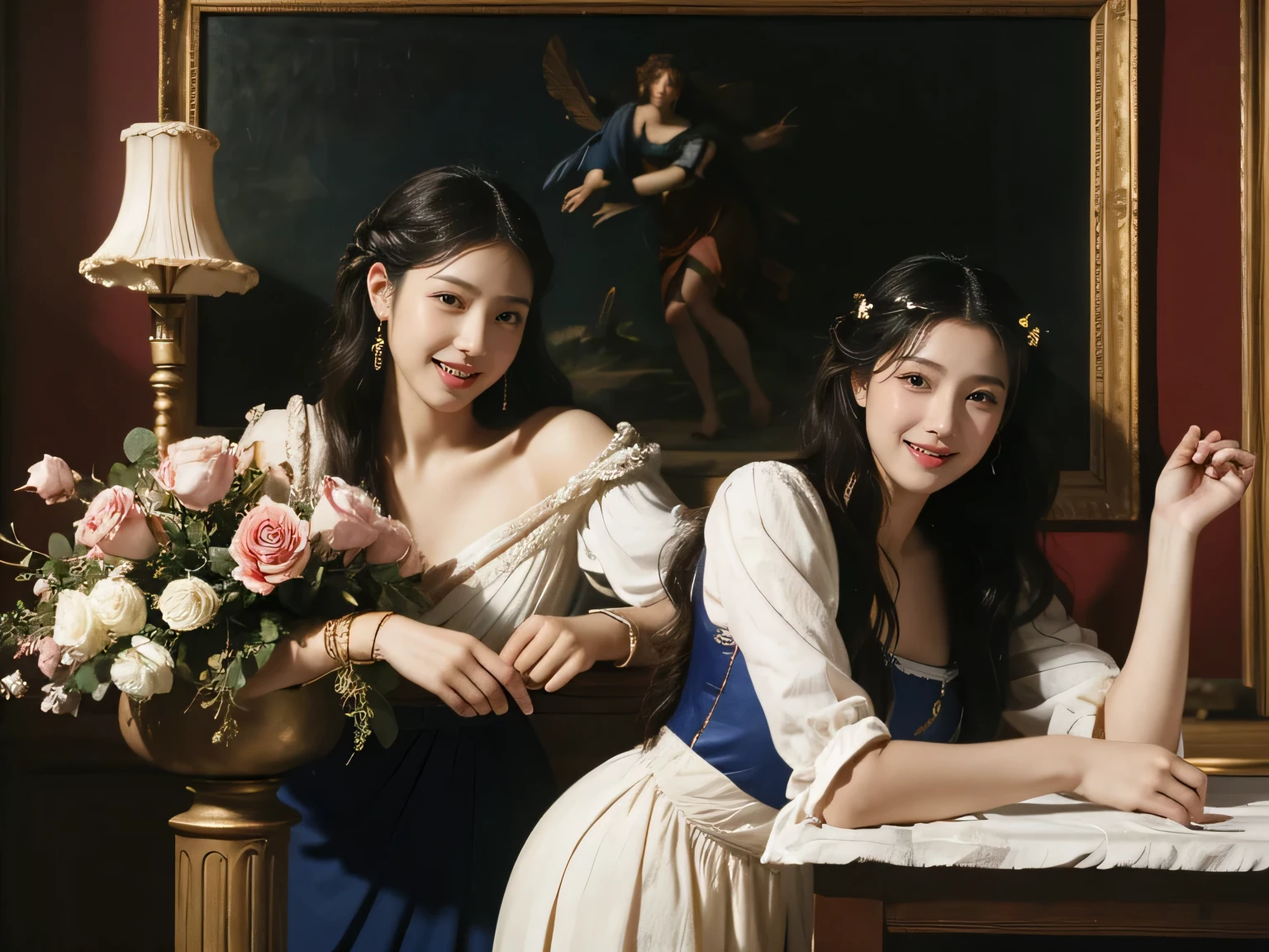 Giorgione painting style,Arguments of two female Philosophe,math、astronomical machine、astronaut、roses in vase、fruits、Cute trinkets、smile、ancient greek costume、Ancient Roman landscape in the style of Nicolas Poussin,laughter,,Sweet and seductive appearance.、Caravaggio's paintings、Chiaroscuro of Caravaggio、hair tousled by the wind,Two women frolicking,cute smile, expression of ecstasy,Sexy,erotic