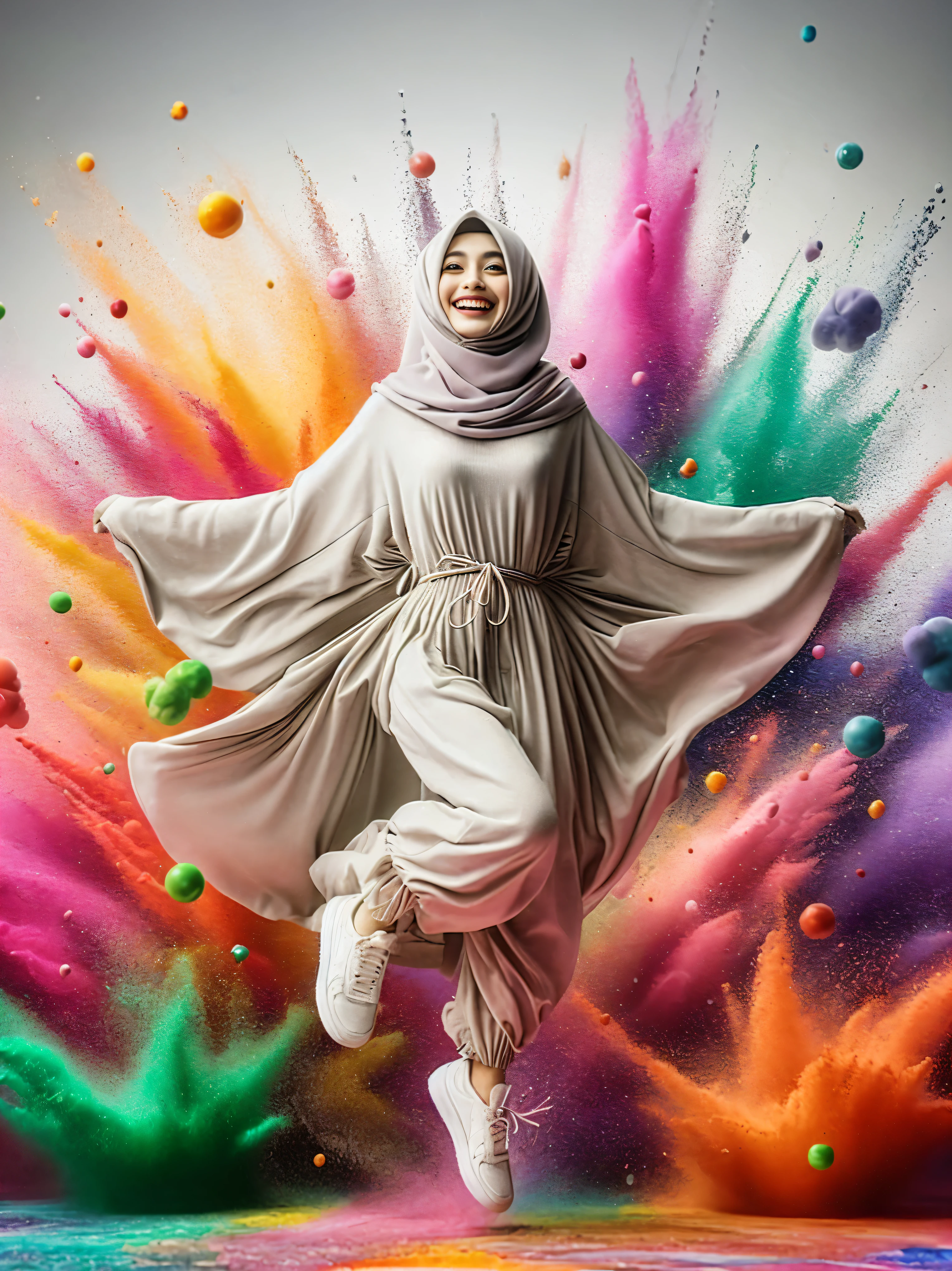 araffe woman in a white dress and a white scarf is jumping in the air, colourfull, with beautiful colors, colorful mood, colorful, explosion of colors, colored photography, color explosion, vibrant colors hyper realism, colorful photo, an explosion of colors, colourful explosion, inspired by Shaddy Safadi, inspired by Fathi Hassan, full of colors