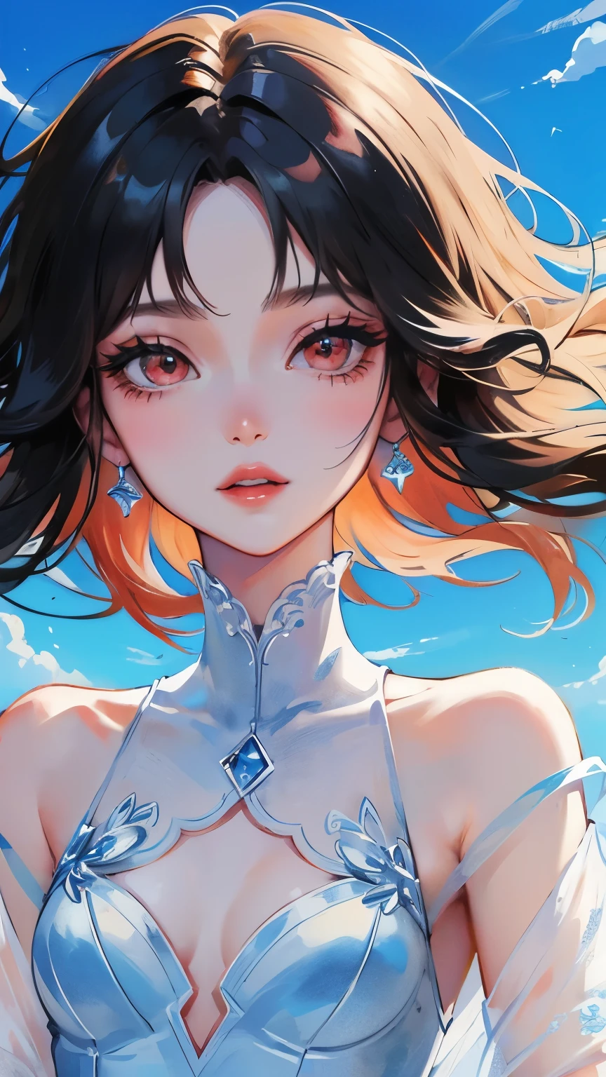 young girl black hair short hair red eyes irreverent face look down thin body thin thighs small breasts small ass toned body blue sky cloud hair blowing in the wind high quality High resolution 8K vampire watercolor natural feel bridge of the nose ((最high quality)), ((masterpiece)), (get used to it), dignified face grassland close up of face Beautiful as a goddess whole face lipstick eye shadow naked ID photo style long eyelashes Accurate No decoration Bare skin No accessories In underwear 8 life size can'I can' landscape painting See-through creative Princess Peach landscape