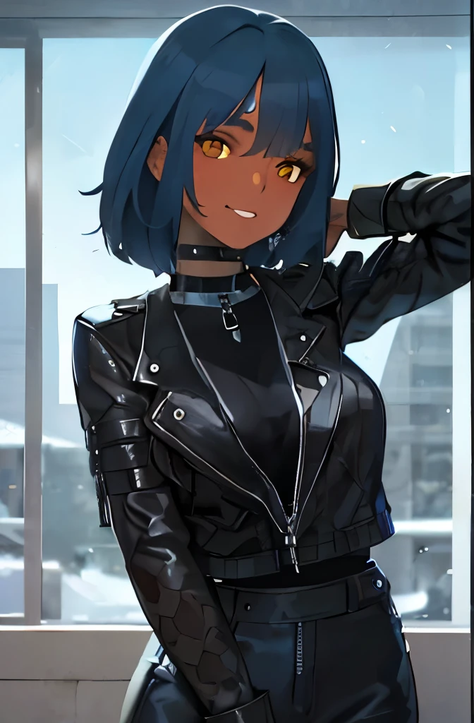 brown skin. leather jacket with rhomboid pattern. choker necklace.