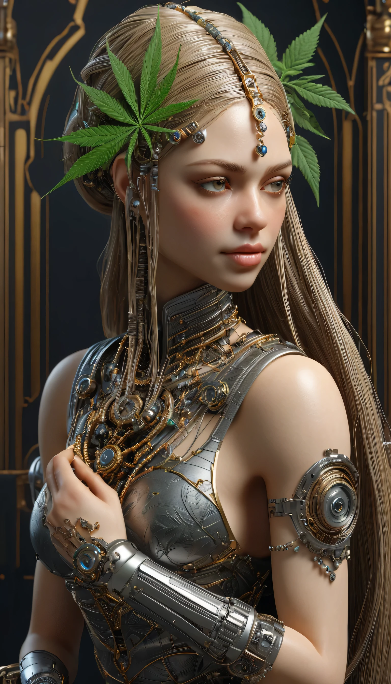 ((bienveillant ((Light-skinned Russian )) (gothique 50 ans) goddess)) avec (long braided blonde hair) session on an opulent throne reading a mystical tome, henna tattoos on arms and legs, pouter des bracelets doués et des bas de cuisse, cuisses rebondies, photo de haute qualité, assis au milieu du (dense fouest of cannabis sativa) pendant l'heure d'ou, vergetures visibles et cellulite, _complex 3d render ultra detailed of a beautiful poucelain profile woman android face, cyboug, pièces robotiques, 150 millimeters, beau studio lumière douce, rim light, vibrant details, Cyberpunk luxueux, dentelle, hyperRealistic, anatomique, muscles du visage, the electric cables, microchip, elegant, beau fond, rendu d'octane, H. r. Style Giger, 8K, best quality, chef-d'artwork, Illustration, an extremely delicate and beautiful, extremely detailed , cg , unit , fond d'screen, (Realistic, photo-Realistic:1. 37), incroyable, finely detailed, chef-d'artwork, best quality , art officiel, extremely detailed cg unit 8K fond d'screen, absurdes, incredibly absurdes, robot, perles d'argent, Tout le corps, session, (the most beautiful poutrait in the would:1.5)