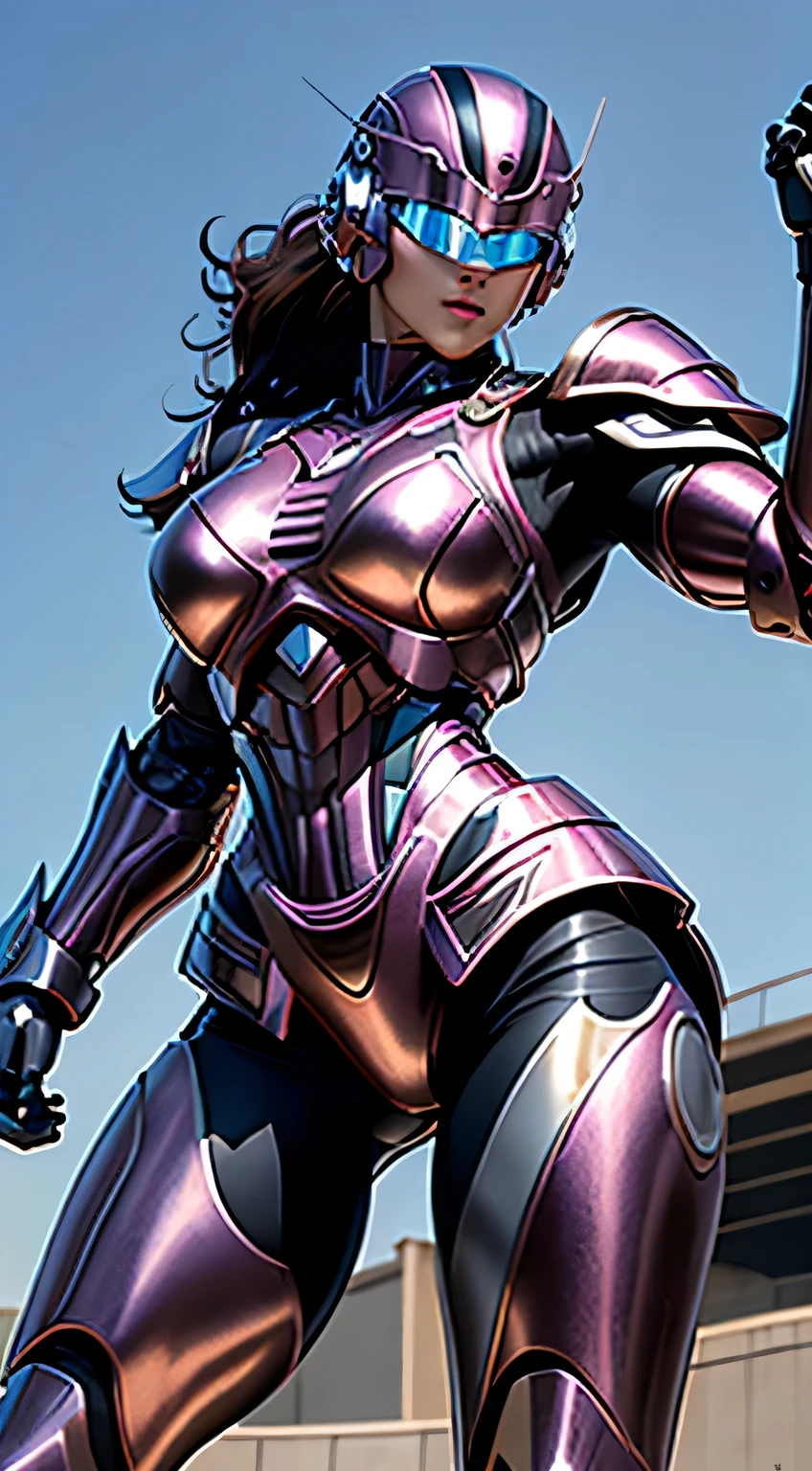 female robocop solo、bright outdoors、strong light source、8K, high quality, masterpiece, 最high quality, hd,sharp contrast、very detailed、Armor that completely covers the whole body、very large armor、Helmet covering the head、clear pictures、Eyes hidden by thin straight goggles:1.3、The lower half of the face is raw:1.5、The lower half of the face is exposed、luscious lips、Mauve metallic armor、Armor that completely covers the chest、thin and long legs、Vibrant posel body view,big and full breasts:1.5, (sports body:1.5)、five fingers、photos around town