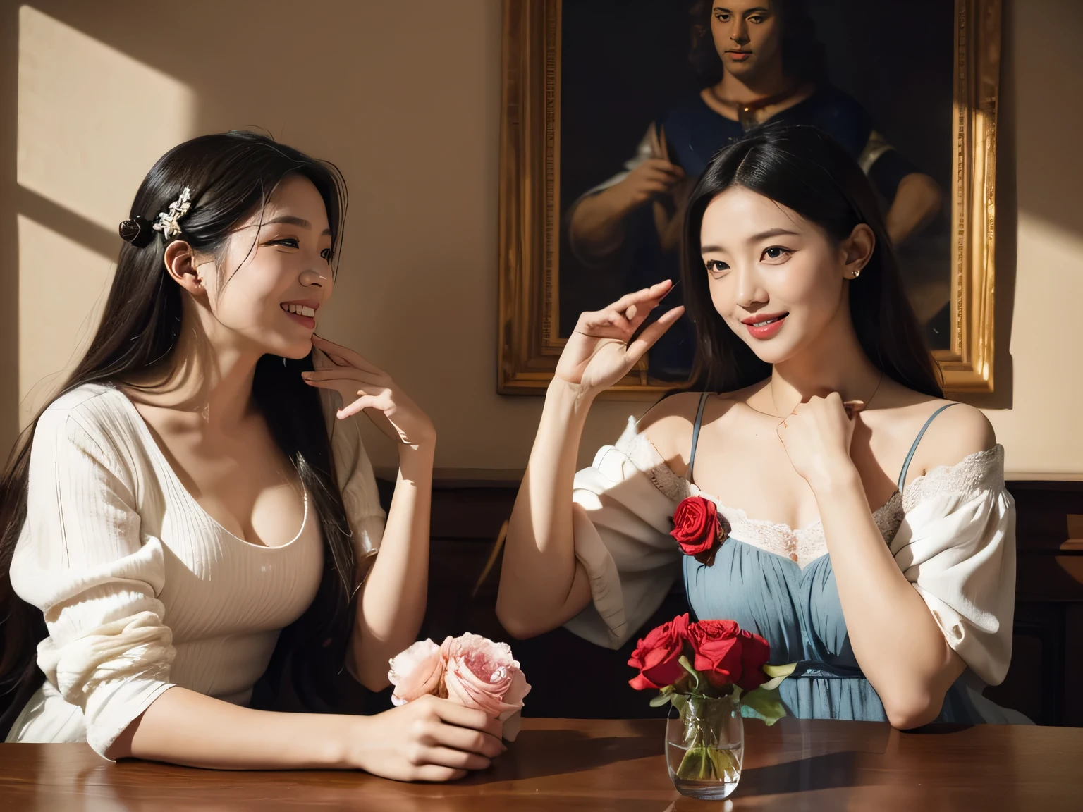 Giorgione painting style,Arguments of two female Philosophe,math、astronomical machine、astronaut、roses in vase、fruits、Cute trinkets、smile、ancient greek costume、Ancient Roman landscape in the style of Nicolas Poussin,laughter,,Sweet and seductive appearance.、Caravaggio's paintings、Chiaroscuro of Caravaggio、hair tousled by the wind,Two women frolicking,cute smile, expression of ecstasy,Sexy,??????