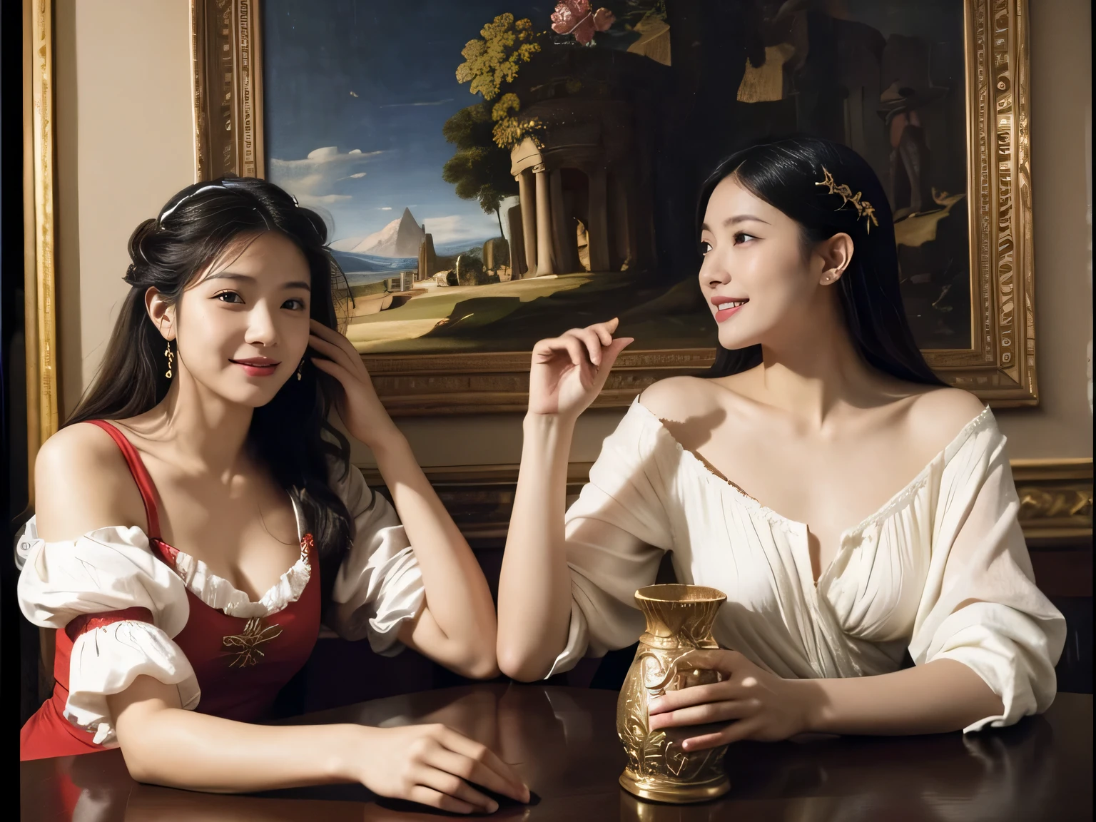 Giorgione painting style,Arguments of two female Philosophe,math、astronomical machine、astronaut、roses in vase、fruits、Cute trinkets、smile、ancient greek costume、Ancient Roman landscape in the style of Nicolas Poussin,laughter,,Sweet and seductive appearance.、Caravaggio's paintings、Chiaroscuro of Caravaggio、hair tousled by the wind,Two women frolicking,cute smile, expression of ecstasy,Sexy,erotic