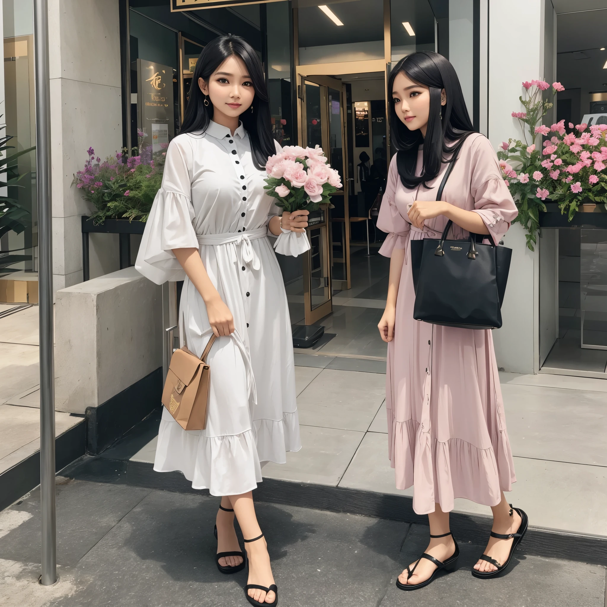 Seorang wanita asia cantik,menggunakan dress putih lengan pendek bermotif bunga bunga dan sepatu serta kacamata hitam dengan rambut yang digerai.  sedang pergi berbelanja di sebuah toko di dalam mall ternama sambil memegang banyak belanjaan didalam paperbag wanita itu terlihat sangat kaya.