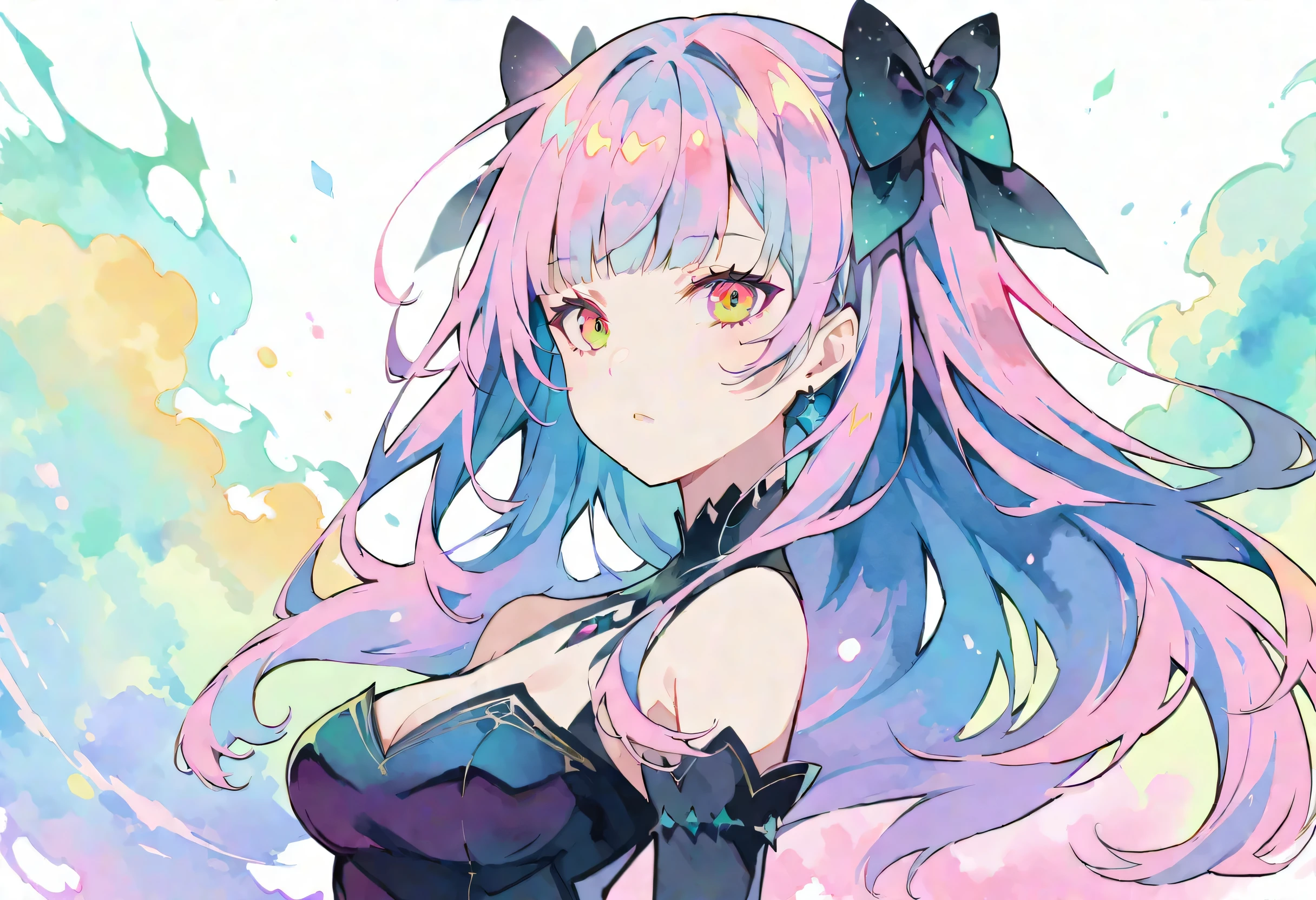 perfectly structured, (watercolor), digital illustration, anime style, Mysterious Dark Princess, Very detailed, Volumetric lighting, kawaii pastel colors, dynamic composition, The image is clear and sharp, (Beautifully, sublimation:1.2), indescribably beautiful,