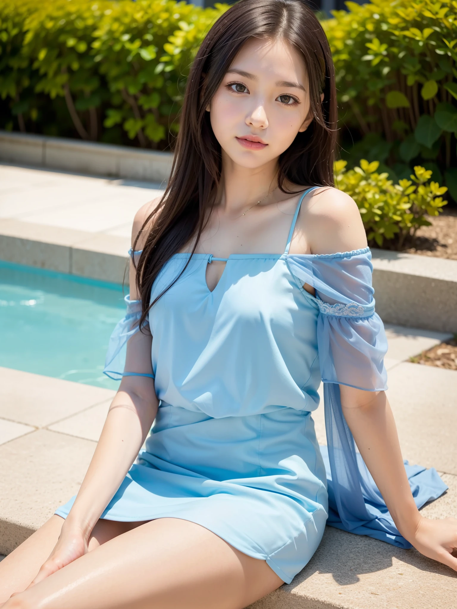 14 year old girl、Sitting with legs apart in a fountain、background blur、Super high quality、sunlight、Off-the-shoulder short dress、Fair-skinned beautiful girl、messy long hair、small cleavage、A fleeting look、clear outline、Mature atmosphere