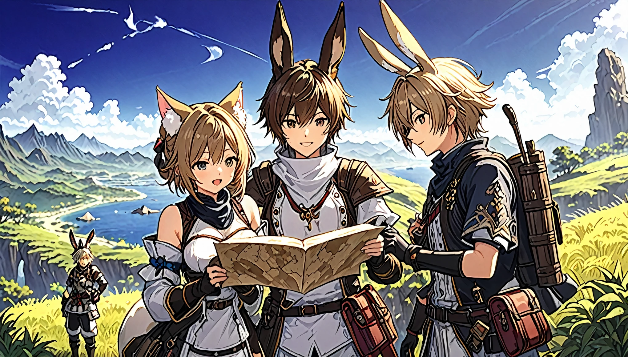 Hentai style, The three characters are male adventurers, Two of the adventurers have cat ears, while the third has floppy rabbit ears, All three are dressed in gear from final fantasy XIV, They huddle together, their faces filled with excitement and curiosity as they examine a weathered treasure map spread before them, Background: A breathtaking Asian landscape stretches out behind the adventurers, Best quality, ultra-detailed, 8k.