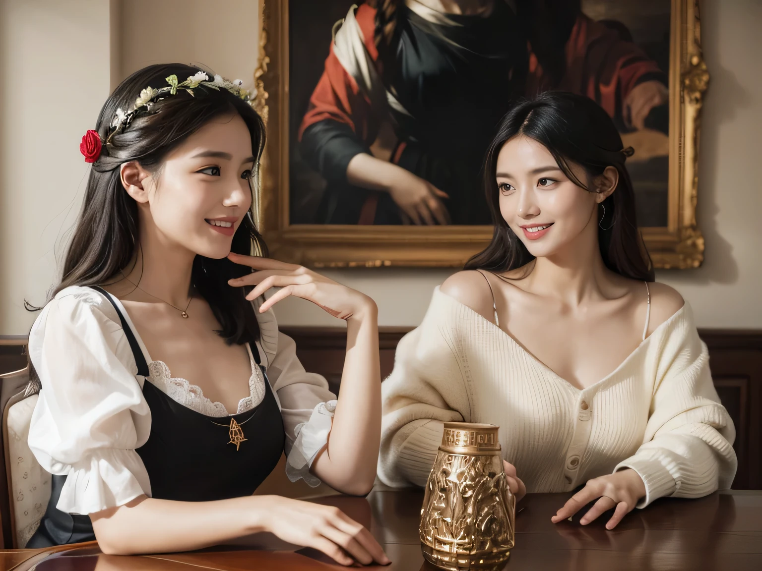 Giorgione painting style,Arguments of two female Philosophe,math、astronomical machine、astronaut、roses in vase、fruits、Cute trinkets、smile、ancient greek costume、Ancient Roman landscape in the style of Nicolas Poussin,laughter,,Sweet and seductive appearance.、Caravaggio's paintings、Chiaroscuro of Caravaggio、hair tousled by the wind,Two women frolicking,cute smile, expression of ecstasy,Sexy,erotic 