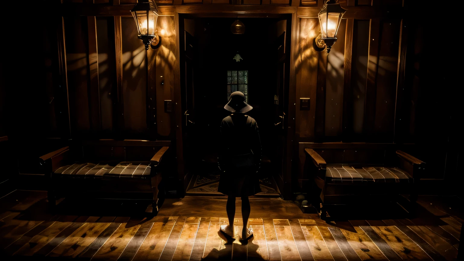 a lonely dark figure in the shadow backlited in an old and vitorian house with wood furniture lighted by lampshades, low light, psychdelic