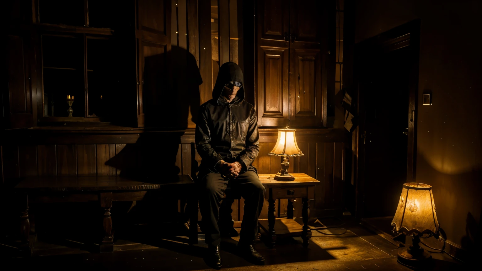 a lonely dark figure in the shadow backlited in an old and vitorian house with wood furniture lighted by lampshades, low light