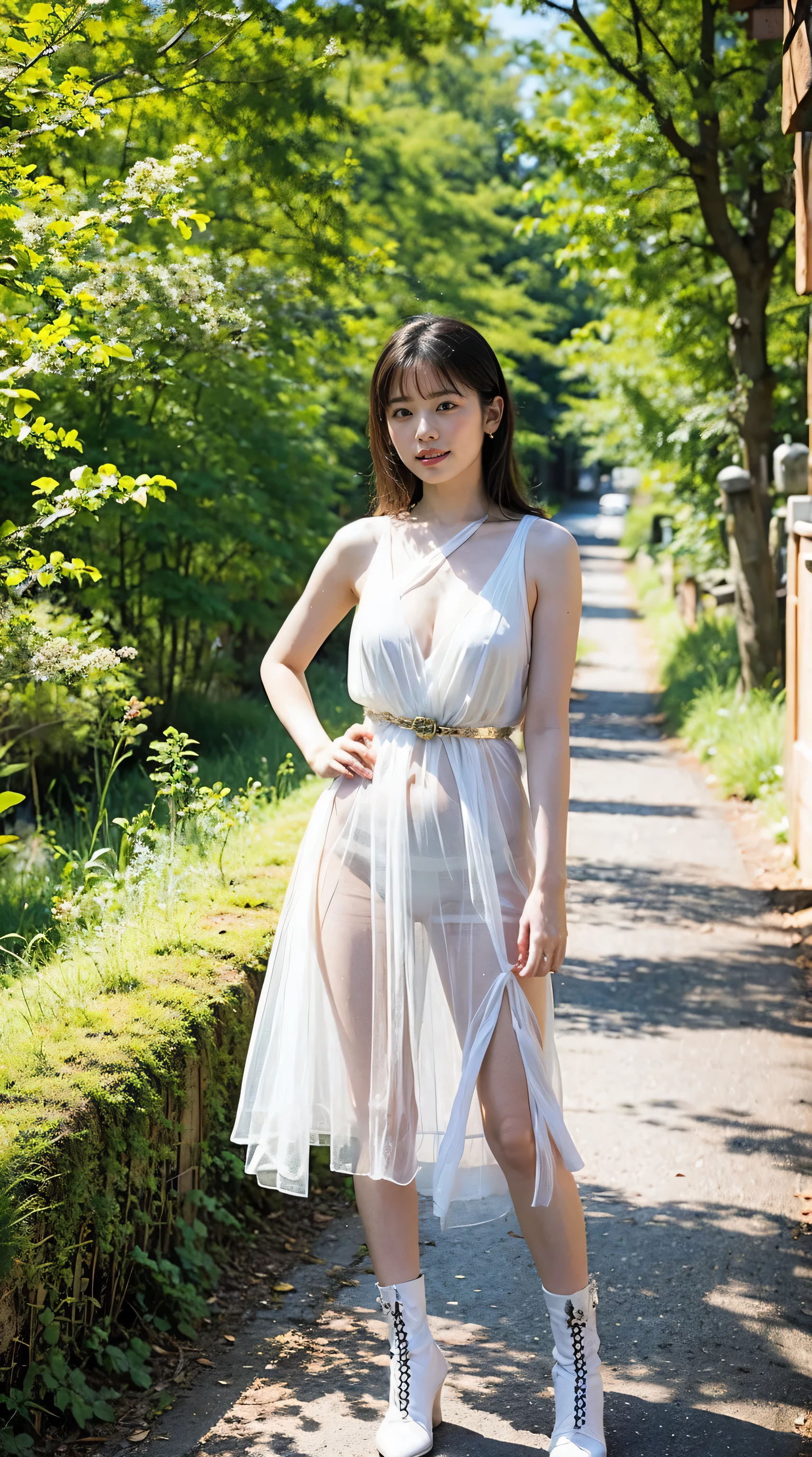 (8K、Raw photo、highest quality、masterpiece:1.2)、(realistic、Photoreal)、1 girl、((white dress、See-through、in the forest、boots、I can see your feet、stand with hands on hips、belt、big breasts、Seen from the front、stand with legs apart、))、lots of eyelashes、Glitter on your eyelids、skeletally correct、smile、standing with hands on hips、