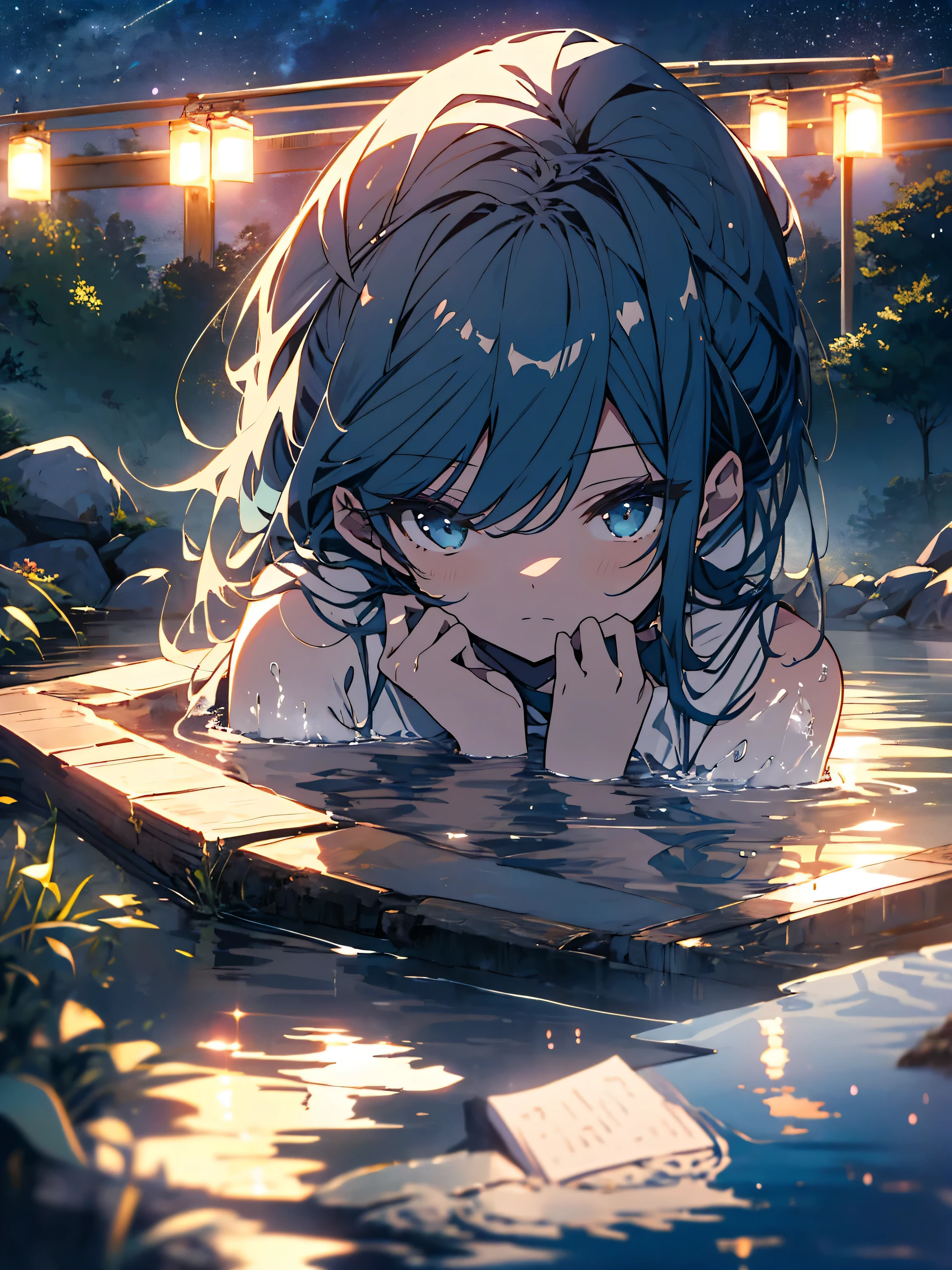masterpiece, highest quality, (highest quality、masterpiece、High resolution、detailed)、(1 girl、naked), (soaking in a hot spring)、(The hot spring has improved my blood flow and my face is slightly red.)、(Detailed hot springs with good spring quality)、(open-air bath)、night、under the beautiful starry sky、figure、shape, OK, abstract、cute atmosphere、beautiful anime