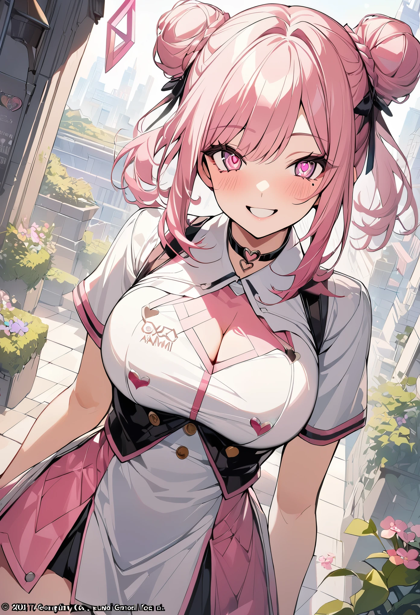 1 girl, pink long bun hair, heart shaped eyes, ♡, big breasts, Stewardess clothes, {girl with pink long bun hair named Nami}, (Pink eye color), {downtown}, (smile), bright background , mole under eye, heart shaped choker, (masterpiece, highest quality), very detailed, highest quality, official art, beautiful and aesthetic: 1.2), (1 girl), very detailed, (geometry art: 1.3), colorful, most detailed ?d1 girl, pink long bun hair, Eye of the symbol, +__+, big breasts, gothic costume, {A girl with long pink bun hair named Nami}, (Pink eye color), {downtown}, (smile), bright background, (garden,beautiful flower々),mole under eye, heart shaped choker, (masterpiece, highest quality), official art, beautiful and aesthetic: 1.2), (1 girl), very detailed, (geometry art: 1.3), colorful