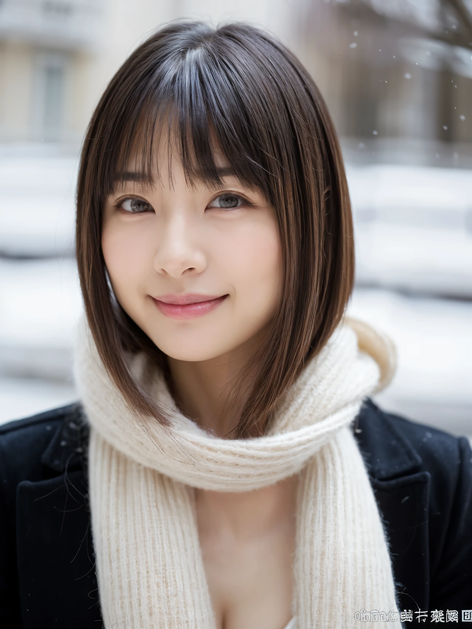 (masterpiece, highest quality),1 girl, alone, scarf, have, realistic, realistic, looking at the viewer, light colored black eyes, Brunette short bob hair with highly detailed shiny hair, Winter clothes, Whity, lips, bangs, outdoor, closed mouth, Upper body、Big eyes、eyelash、((There'There'There'There'There'There'There'There's really no background、really pure white background))、(((bangsのあるショートヘア、Big eyes、big and full chest、look at the audience、beautiful beauty、show me your ears、long neck、smile、please close your mouth and smile)))、ideal body proportions、(Tree-lined avenues in the winter wilderness of England)、{Huge|big|Hugeな|mega} chest, cleavage、Beautiful face in symmetry:1.6