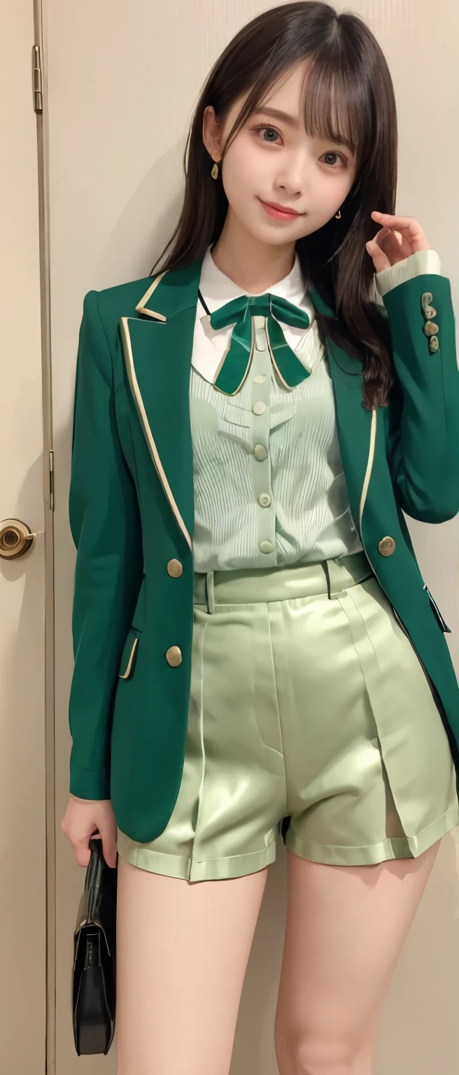 cute model girl、shiny green tight shorts、formal jacket、、good style、standing cool and upright、whole body、colorful pattern pantyhose、、