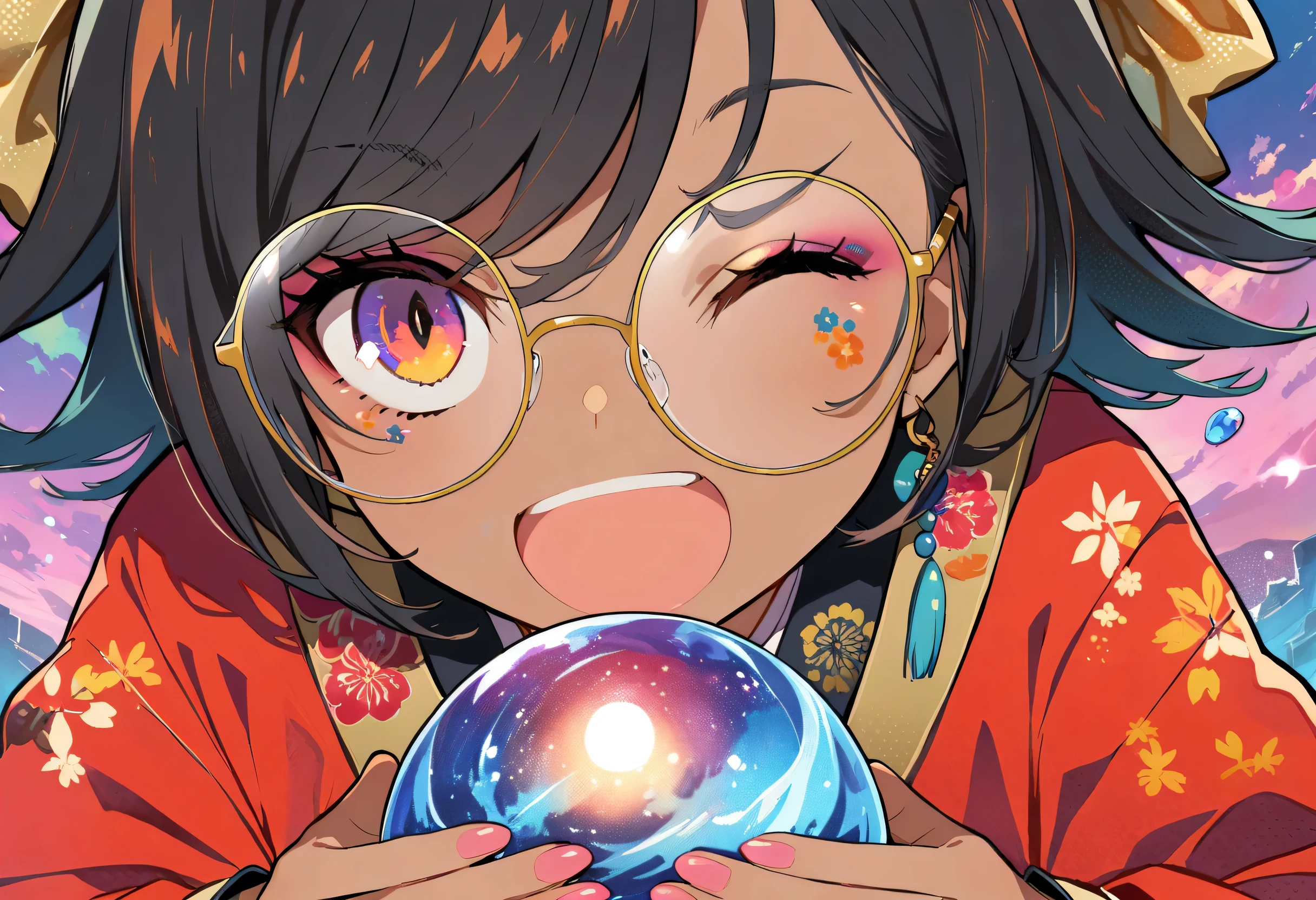 ((1 girl)), Japanese cartoons, dark short hair, dark skin, shiny glasses lenses, mouth closed,Poker face, sitting, Her hands hold a glowing orb,while two other glowing spheres revolved around her.