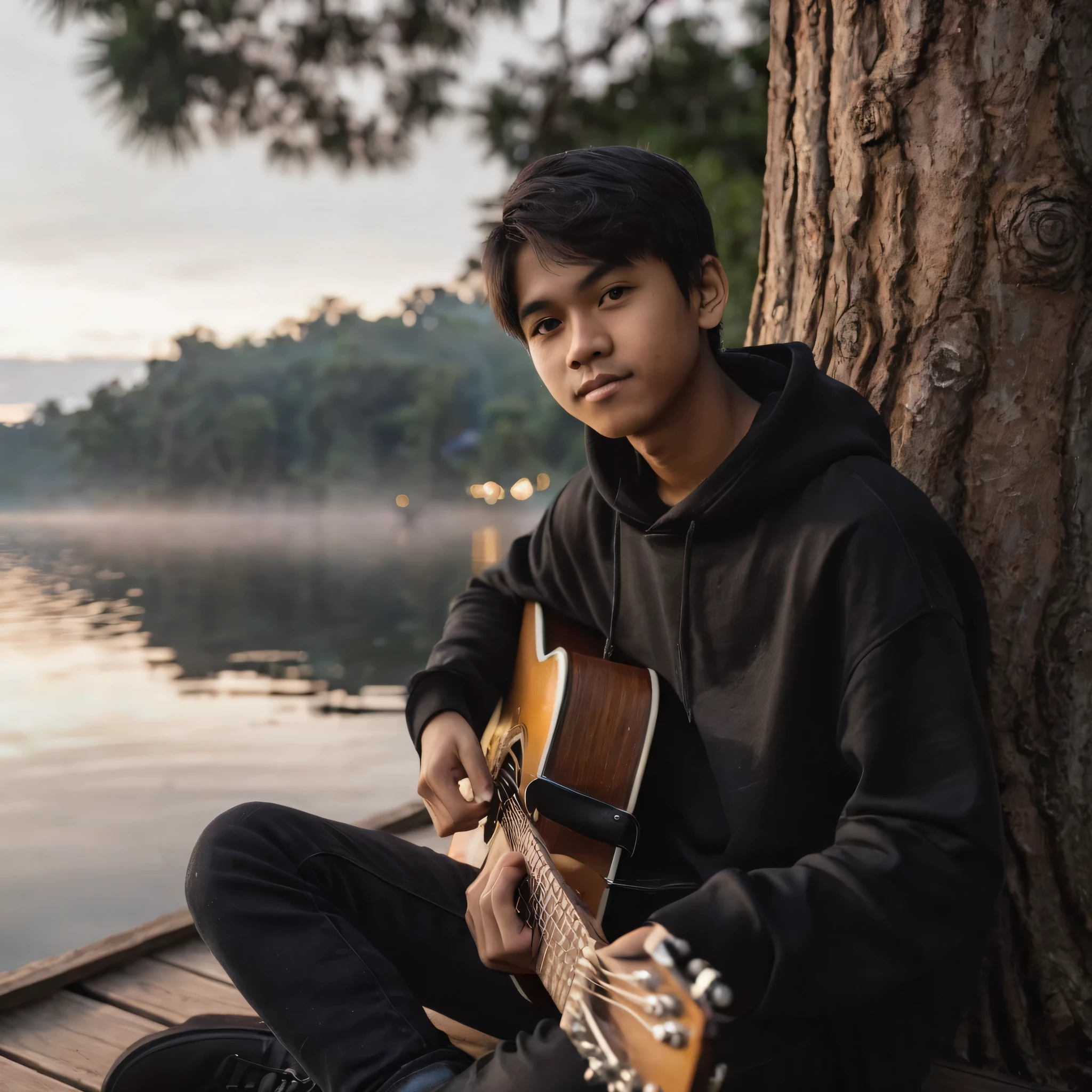 long distance photo, wide angle portrait, 15 year old Indonesian man with short middle-parted hair. wearing a black hoodie professional black jeans sitting on the pier playing guitar, sitting relaxed in front of the lake, under the tree, bokeh background with forest in the distance, lake with twilight reflection, looking at the camera