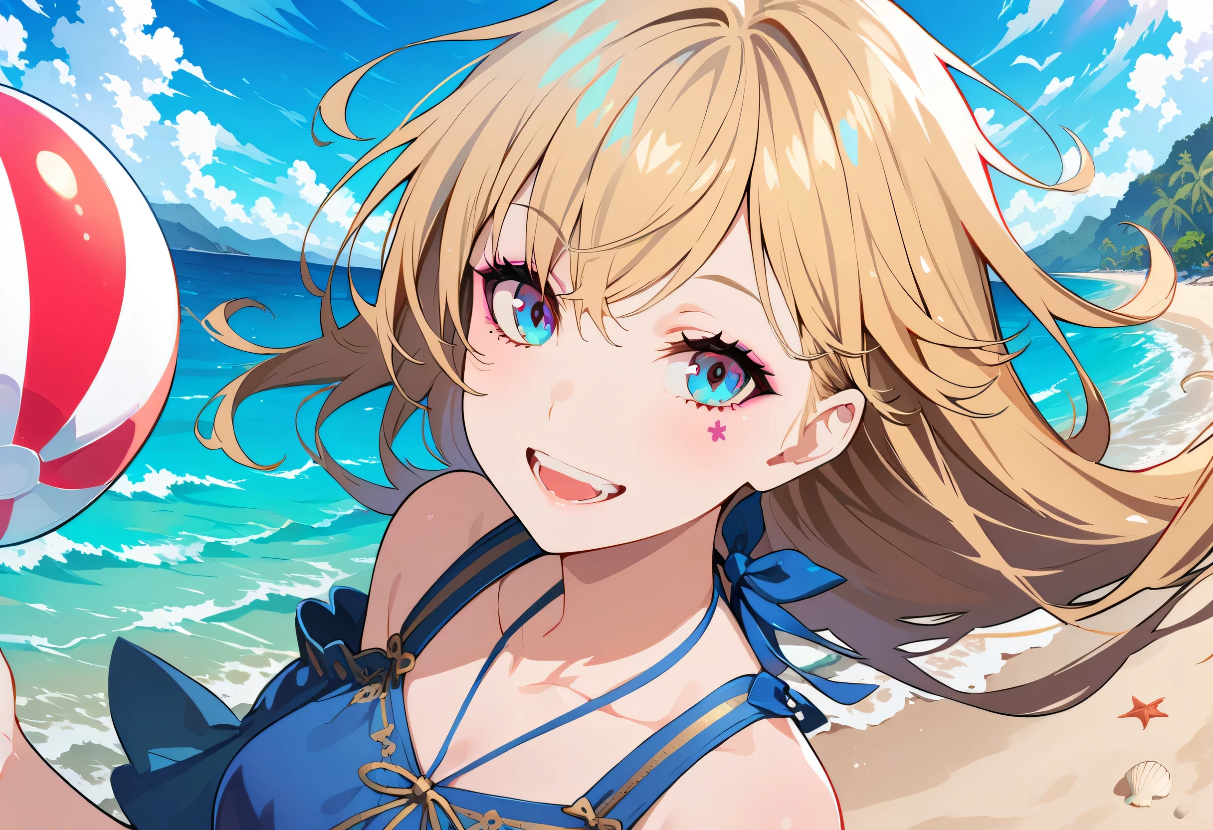 Exquisite and beautiful CG images),(best quality, Super detailed, High resolution),(Dynamic angle, dynamic lighting),(1 character),(Long pink and blonde hair), blue eyes, pretty face), 1 girl, (Long sideburns, plant, Smile, Long blue dress, 3 days, ocean, water, beach ball, shell, sunny, windy