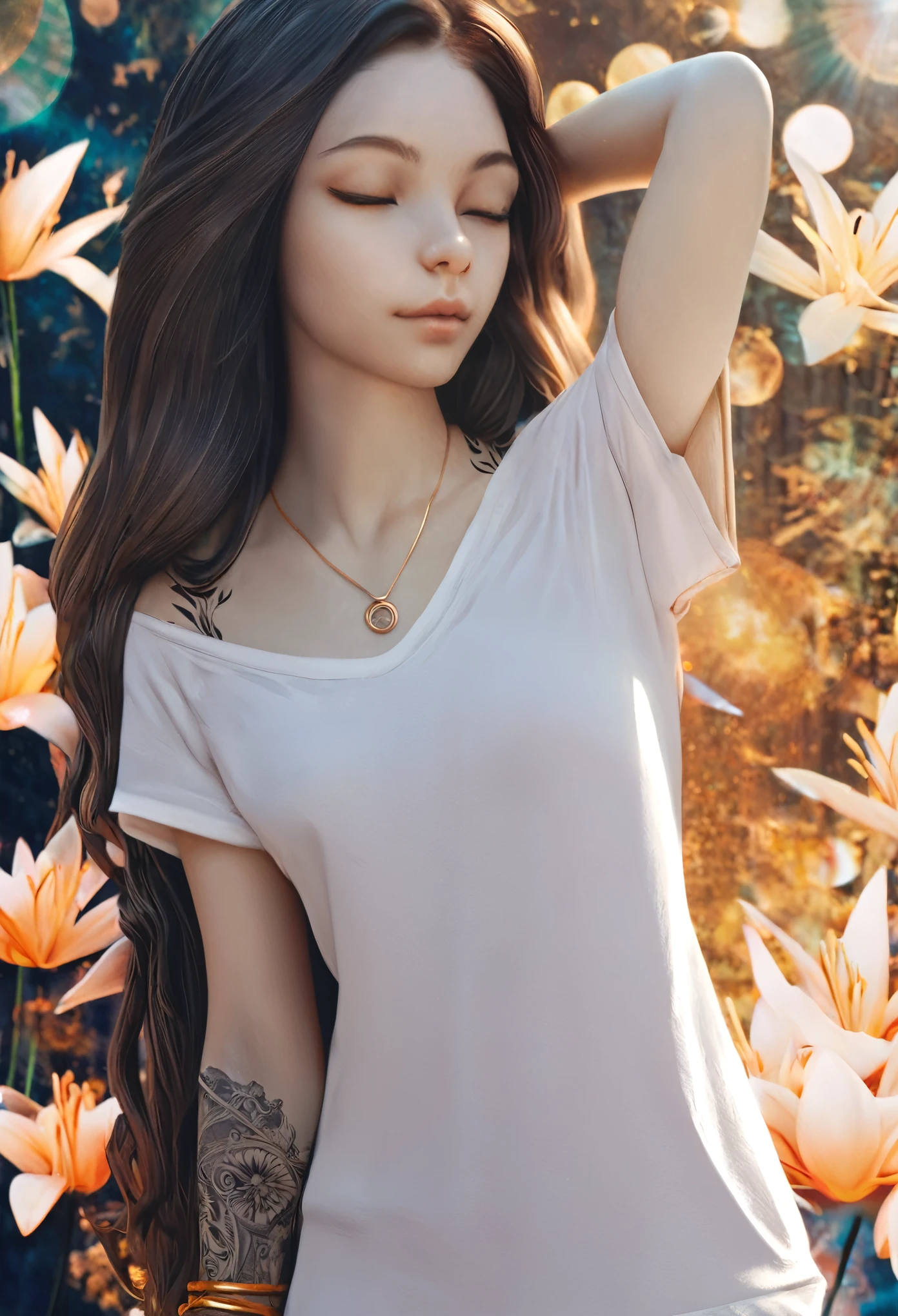 ((1 girl - solo, full length, waist-length, loose - relaxed pose, standing)), ((masterpiece, best quality: 1.3), (ultra detail: 1.3), (best quality, high resolution, photo realistic: 1.37)). ((Orange, pink, white, and green details), (girl, in flower-T tattoos, starry sky-white hair), (dark hair, shoulder length, long hair), (elegant body, dark stylish T-shirt , tech clothes: 1.1), (beautiful hands in jewelry bracelets, tattoos, (Rockstar)). ((Calm look, relaxed pose, standing)). ((Abstract background with lines and circles), (Technical background - abstraction), (high-tech), (many flowers - lilies), (flowers look amazing), mostly in light colors: (white, blue, yellow, gold)).((Best quality), (surrealism: 1.3), (masterpiece: 1.2) , (fantasy: 1.2, surrealism: 1.3), ((High resolution, sharp image), (best quality: 1.37), (realistic 3D visualization), (adjustments, soft light-shadow, flooded sunlight, contrast shadows – cold tones, warm soft light)). (Technical background - abstraction), (modern style, HD detail, cinematic, surrealism, Deep focus, ray tracing, Diffusion)).